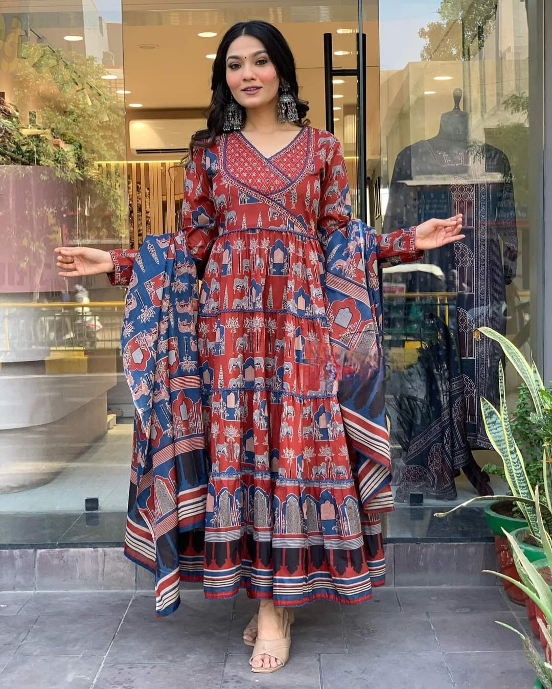 Classy Maroon Color Cotton Print With Embroidery Work Fully Length Kurta Set