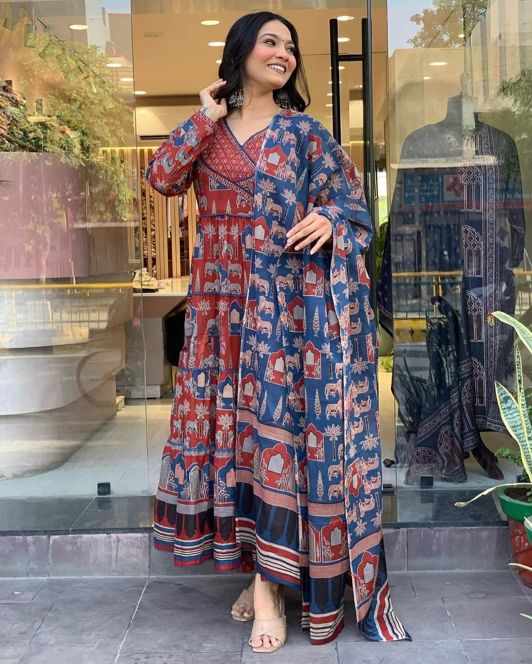 Classy Maroon Color Cotton Print With Embroidery Work Fully Length Kurta Set