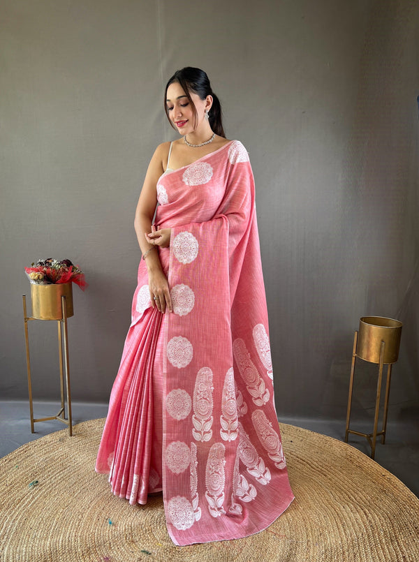 Classic Peach Color Lucknowi Linen Saree