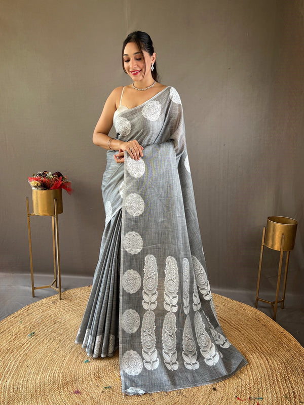 Classic Grey Color Lucknowi Linen Saree