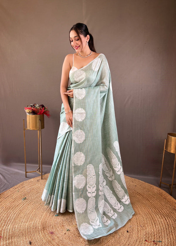 Classic Sky Blue Color Lucknowi Linen Saree