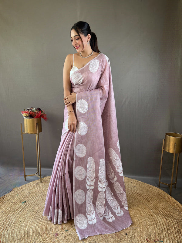Classic Dusty Pink Color Lucknowi Linen Saree