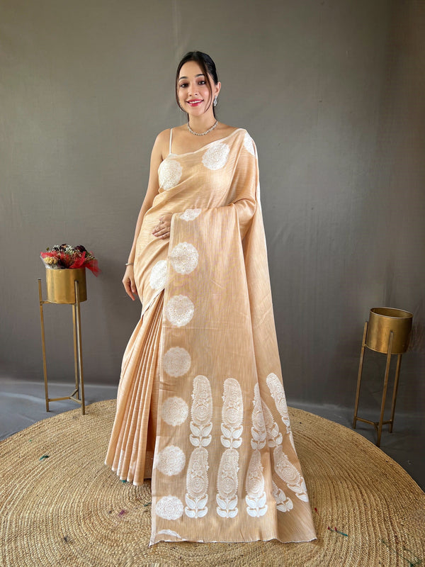 Classic Cream Color Lucknowi Linen Saree