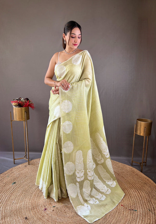 Classic Pista Color Lucknowi Linen Saree