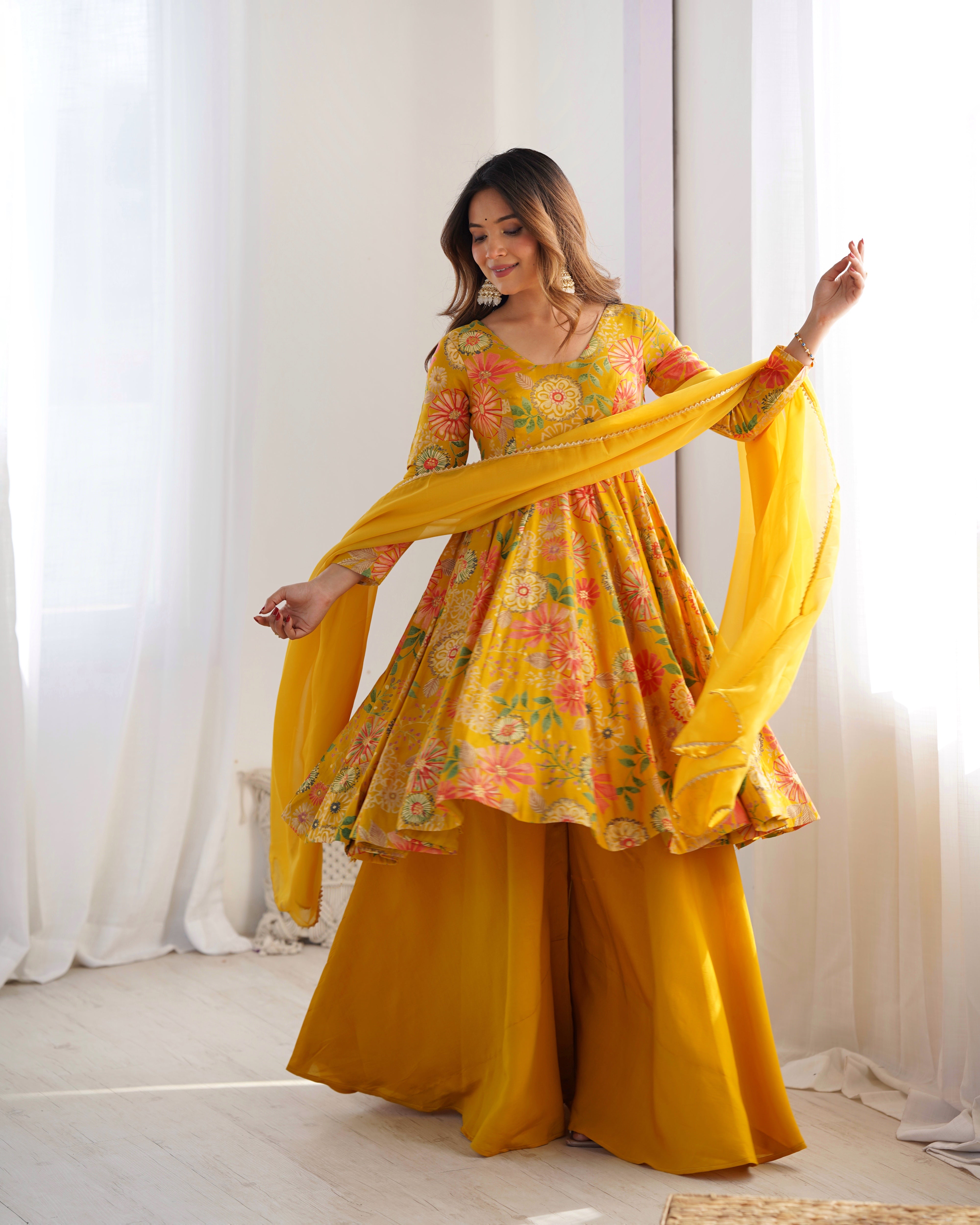Haldi Wear Yellow Color Chanderi Designer Palazzo Suit