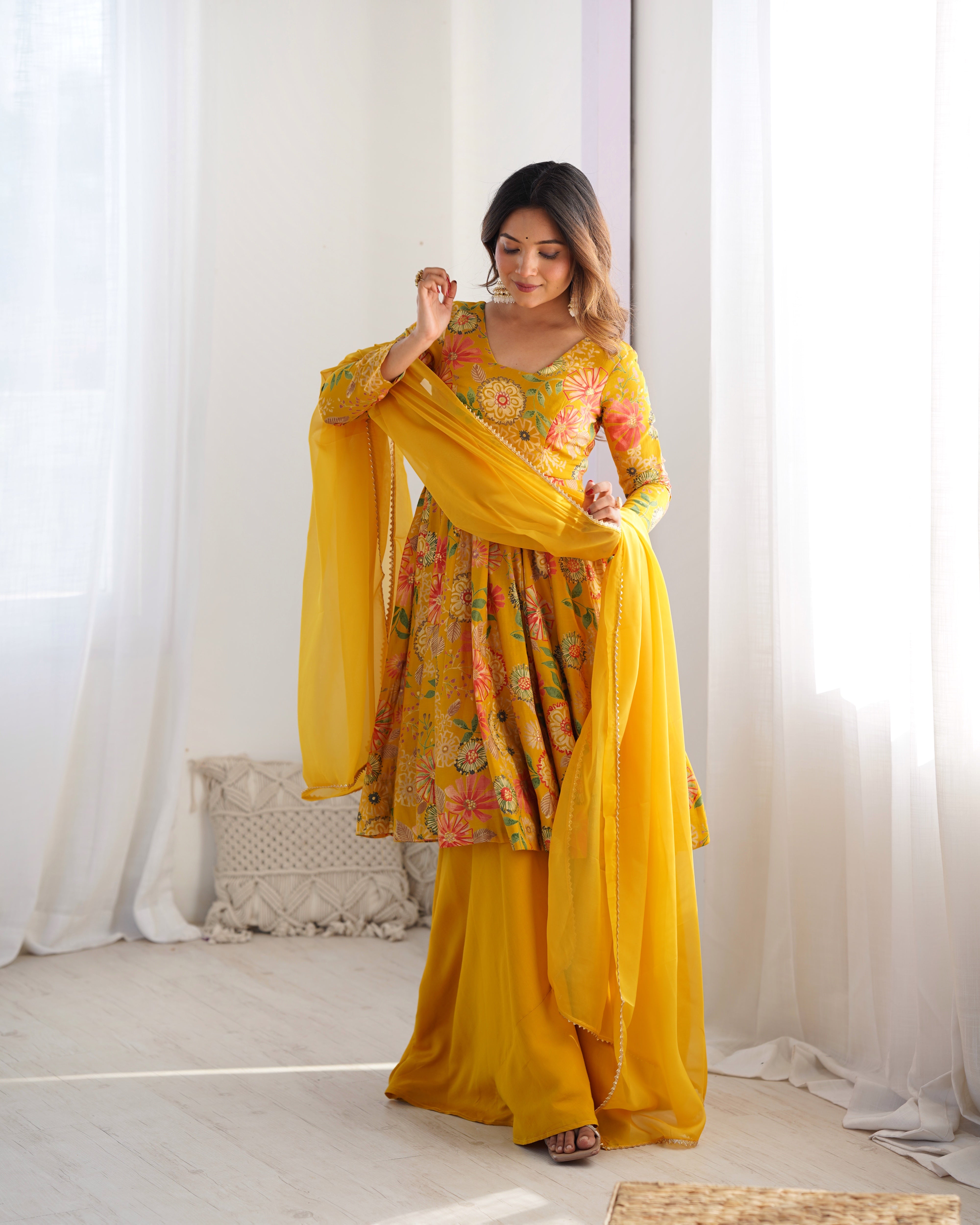 Haldi Wear Yellow Color Chanderi Designer Palazzo Suit