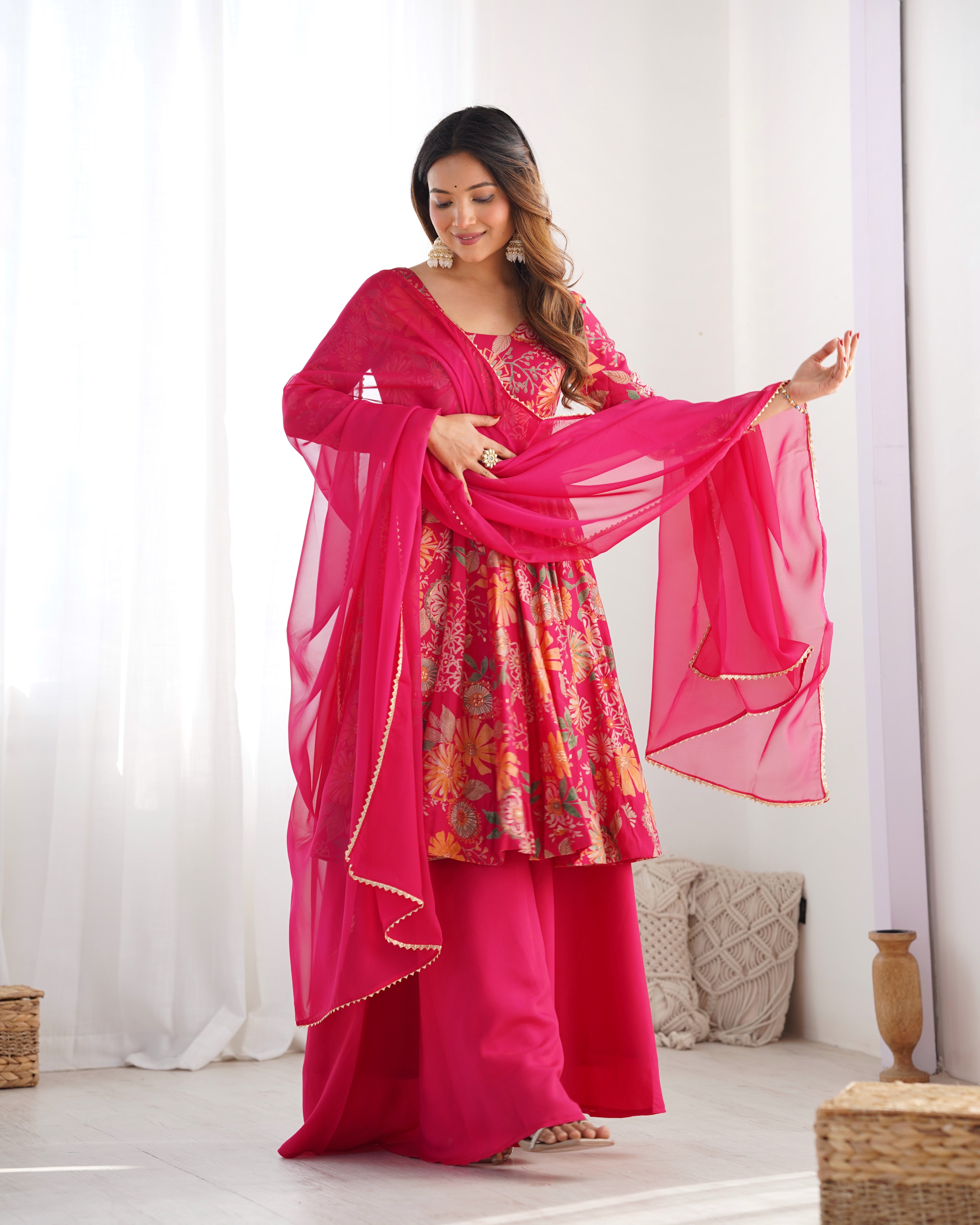 Ceremony Wear Pink Color Chanderi Designer Palazzo Suit