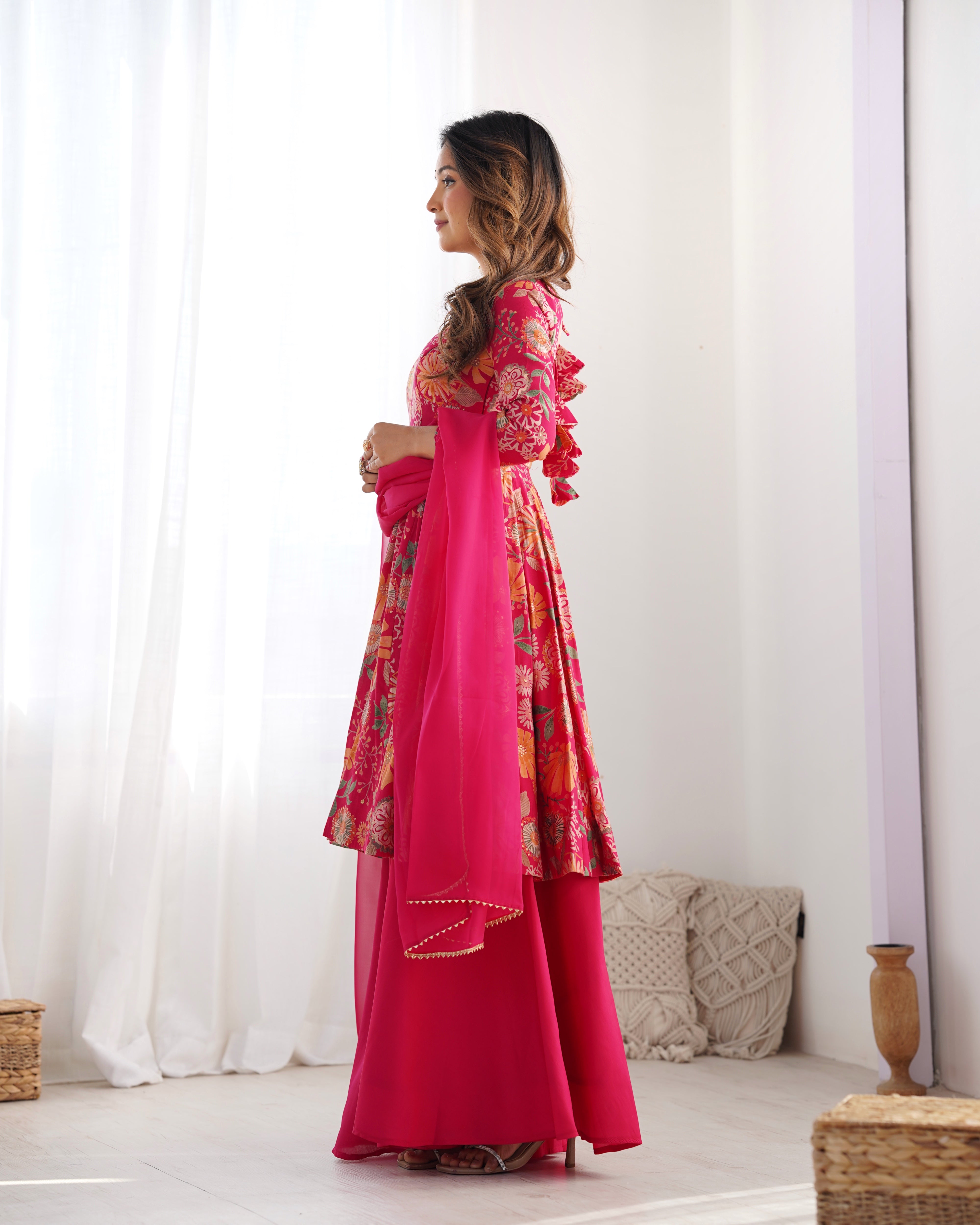 Ceremony Wear Pink Color Chanderi Designer Palazzo Suit