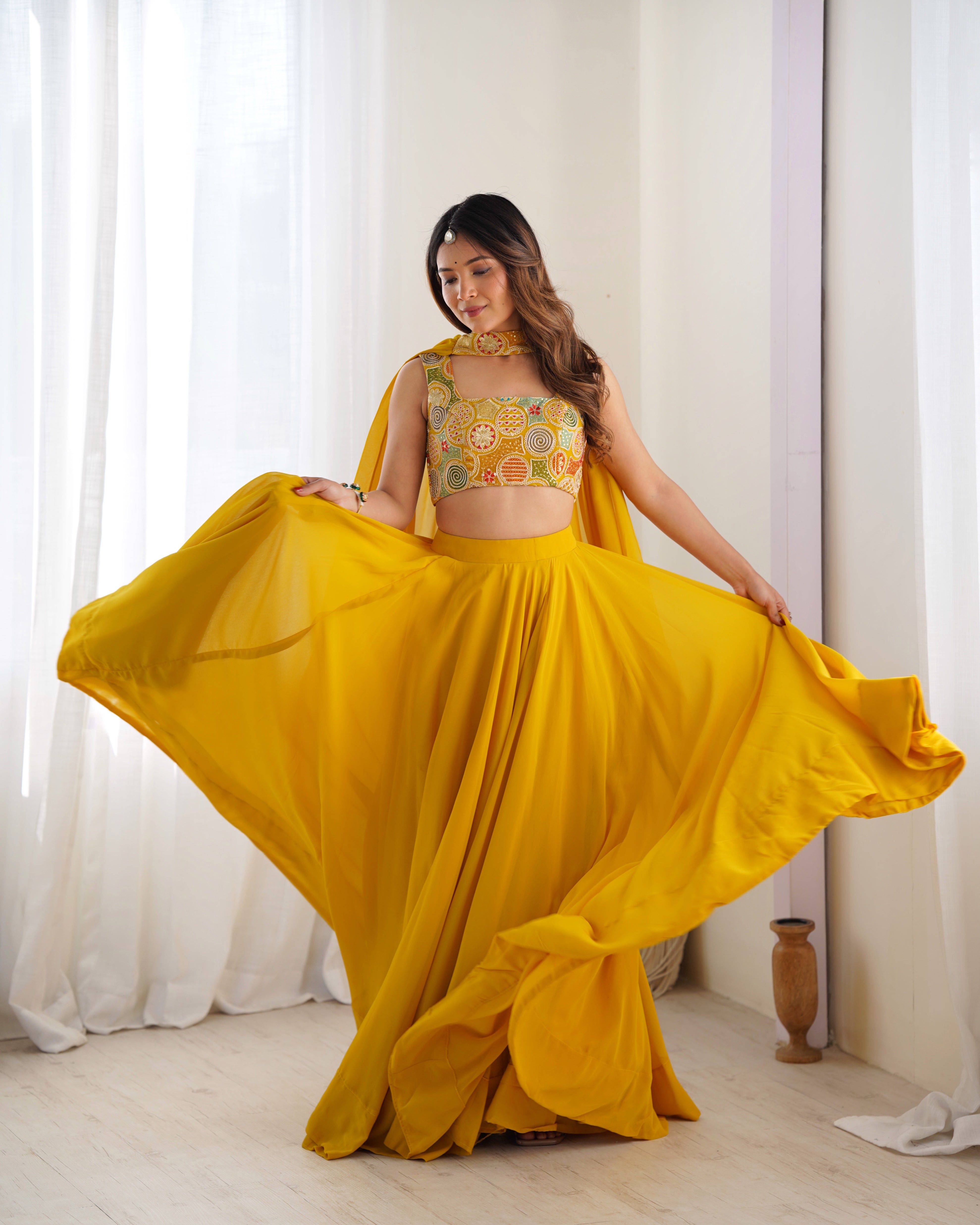 Blissful Yellow Color Pure Soft Fox Georgette Blooming Designer Ready to Wear Lehenga Choli