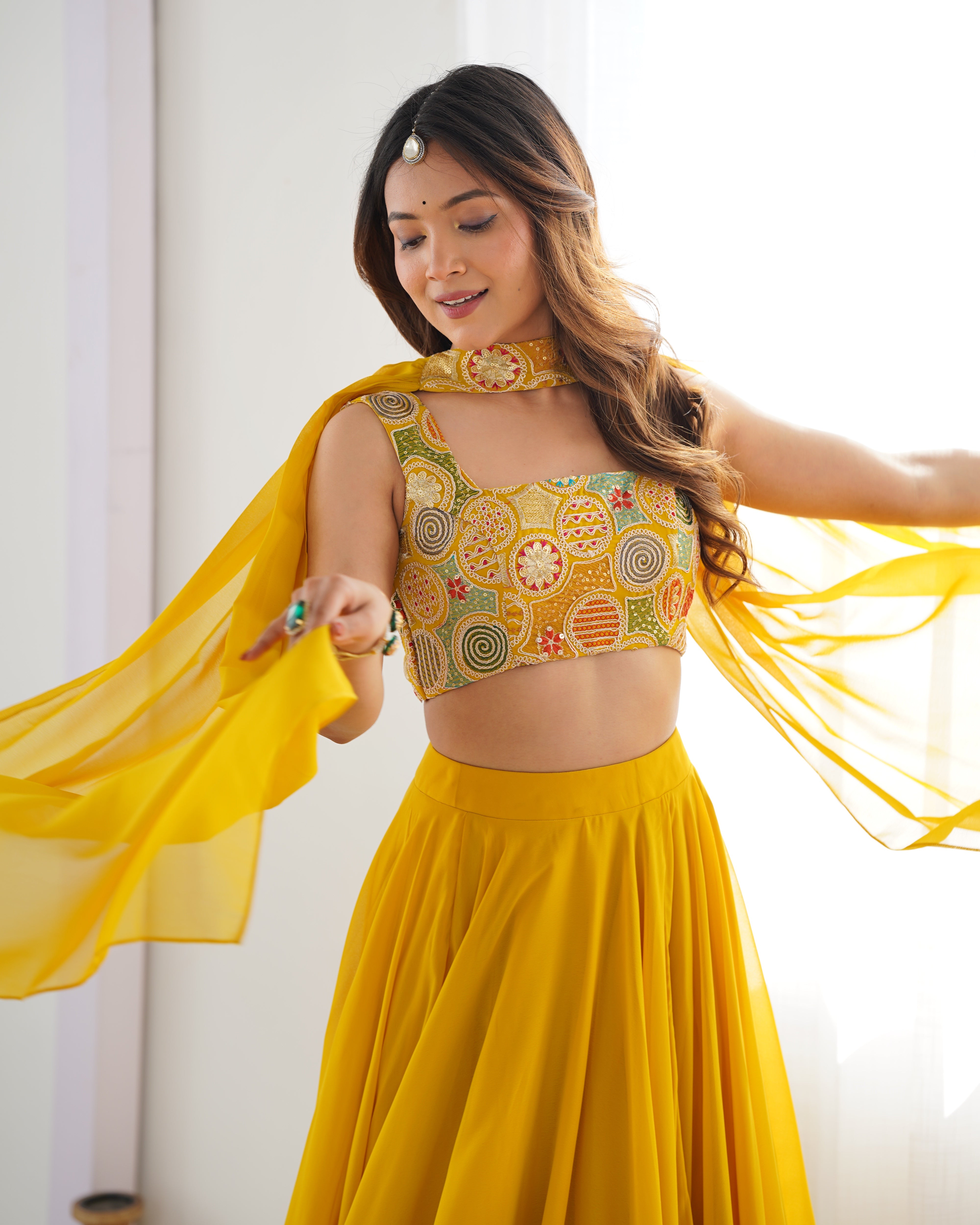 Blissful Yellow Color Pure Soft Fox Georgette Blooming Designer Ready to Wear Lehenga Choli