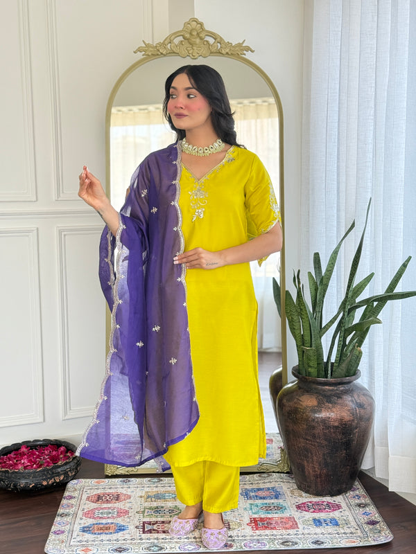 Gorgeous Lemon Color Viscose Chanderi With Embroidery Work Designer Kurta Set