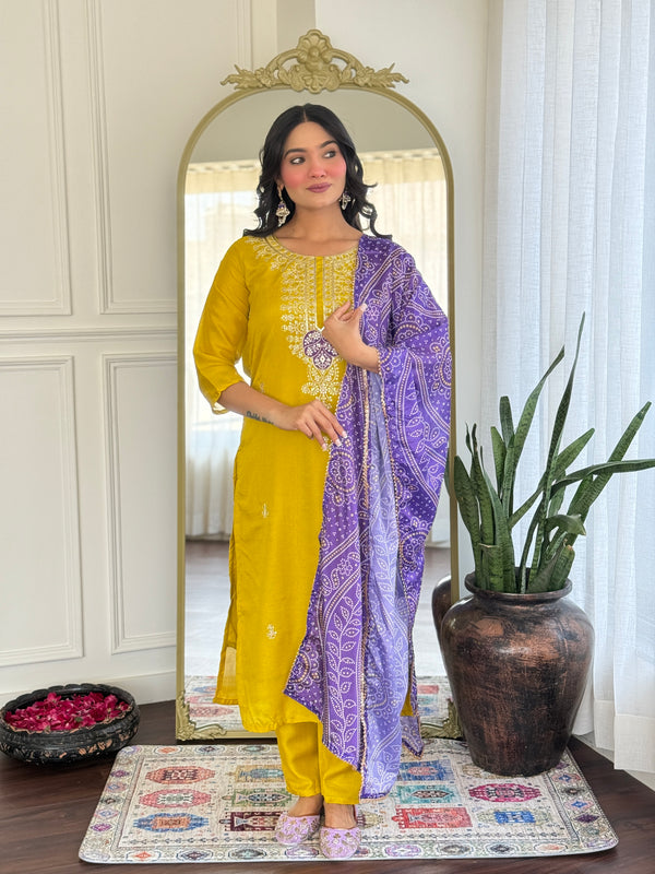 Terrific Mustard Color Vichitra Silk With Embroidery Designer Kurta Set