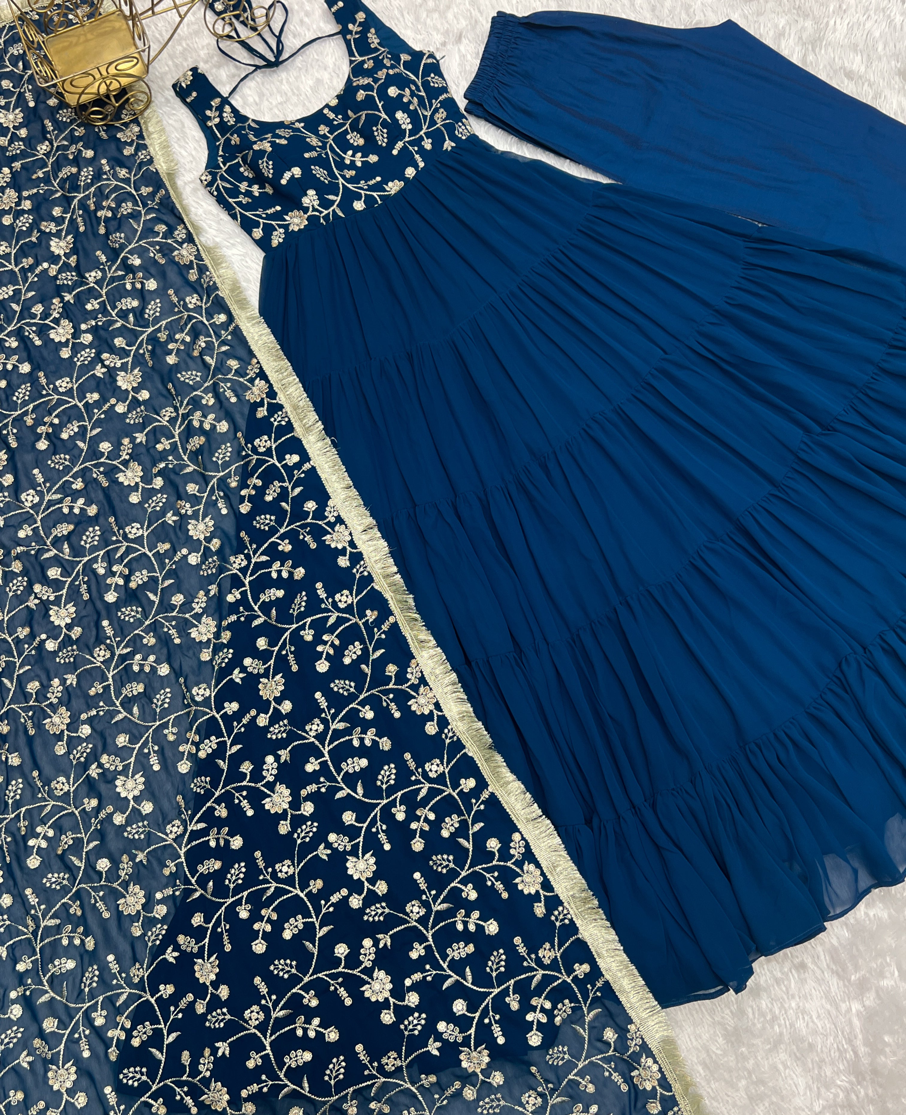 Party Wear Navy Blue Color Heavy Pure Soft Faux Georgette Designer Gown
