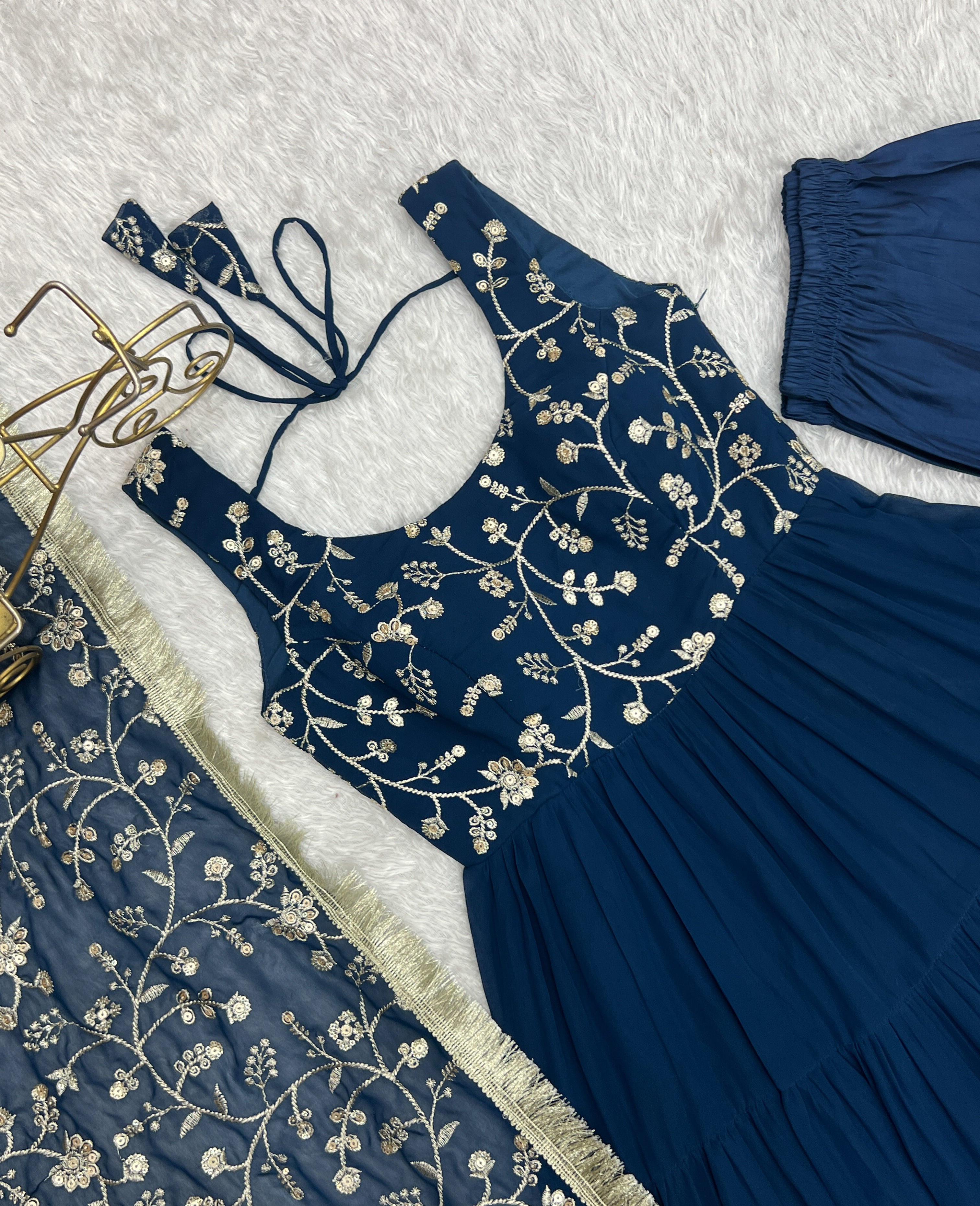 Party Wear Navy Blue Color Heavy Pure Soft Faux Georgette Designer Gown