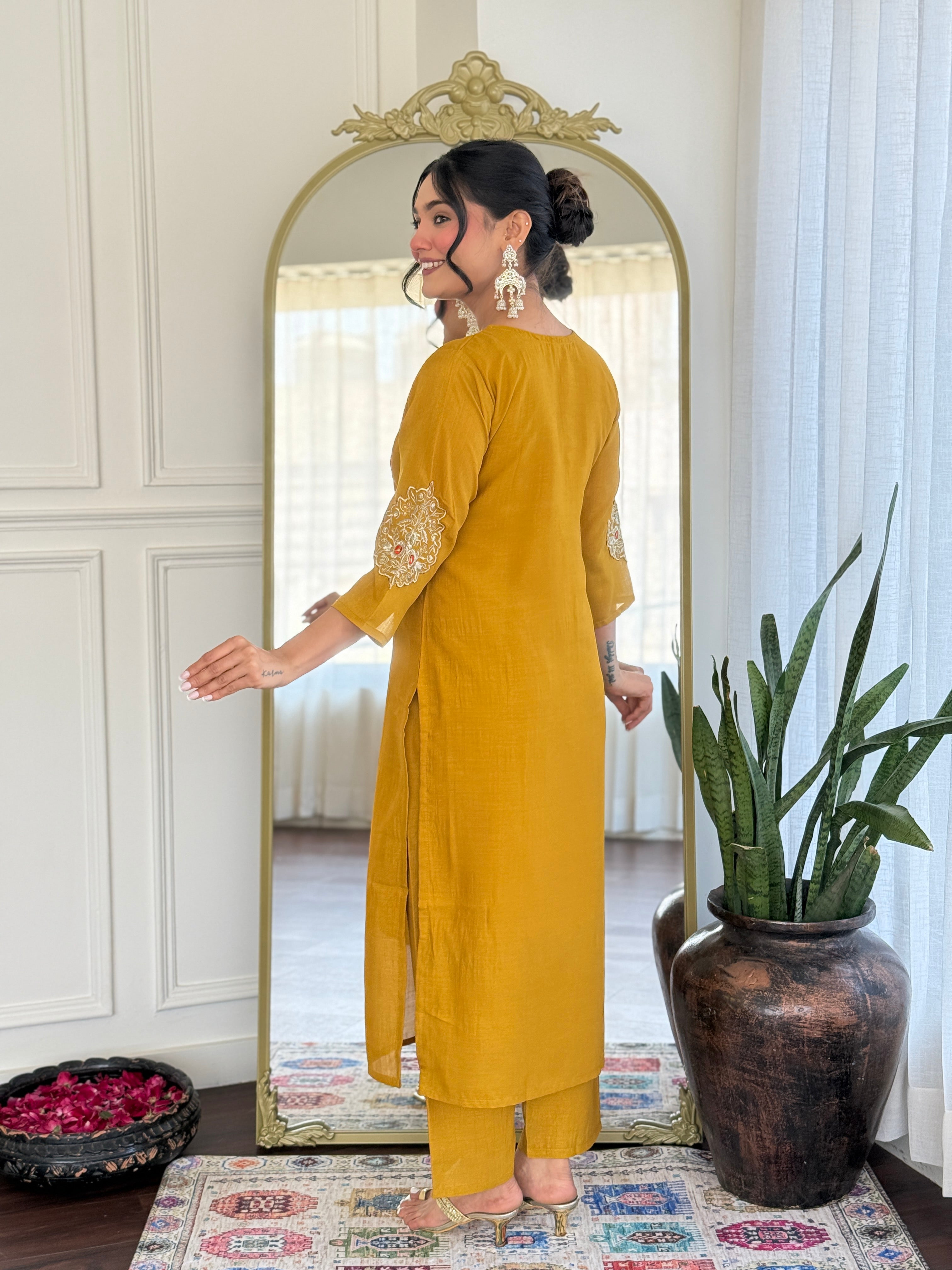 Demanding Mustard Color Vichitra Silk With Embroidery Work Beautiful Kurta Set