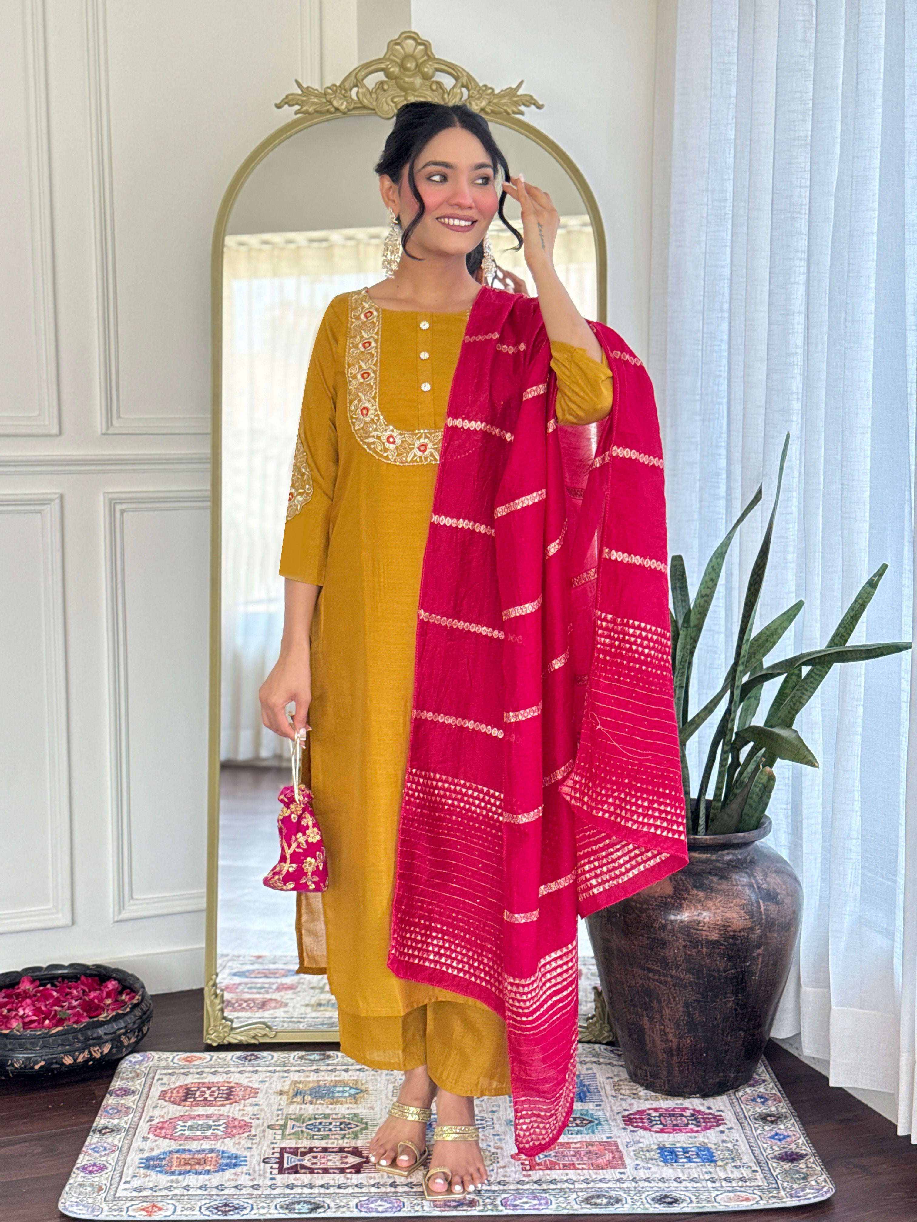 Demanding Mustard Color Vichitra Silk With Embroidery Work Beautiful Kurta Set