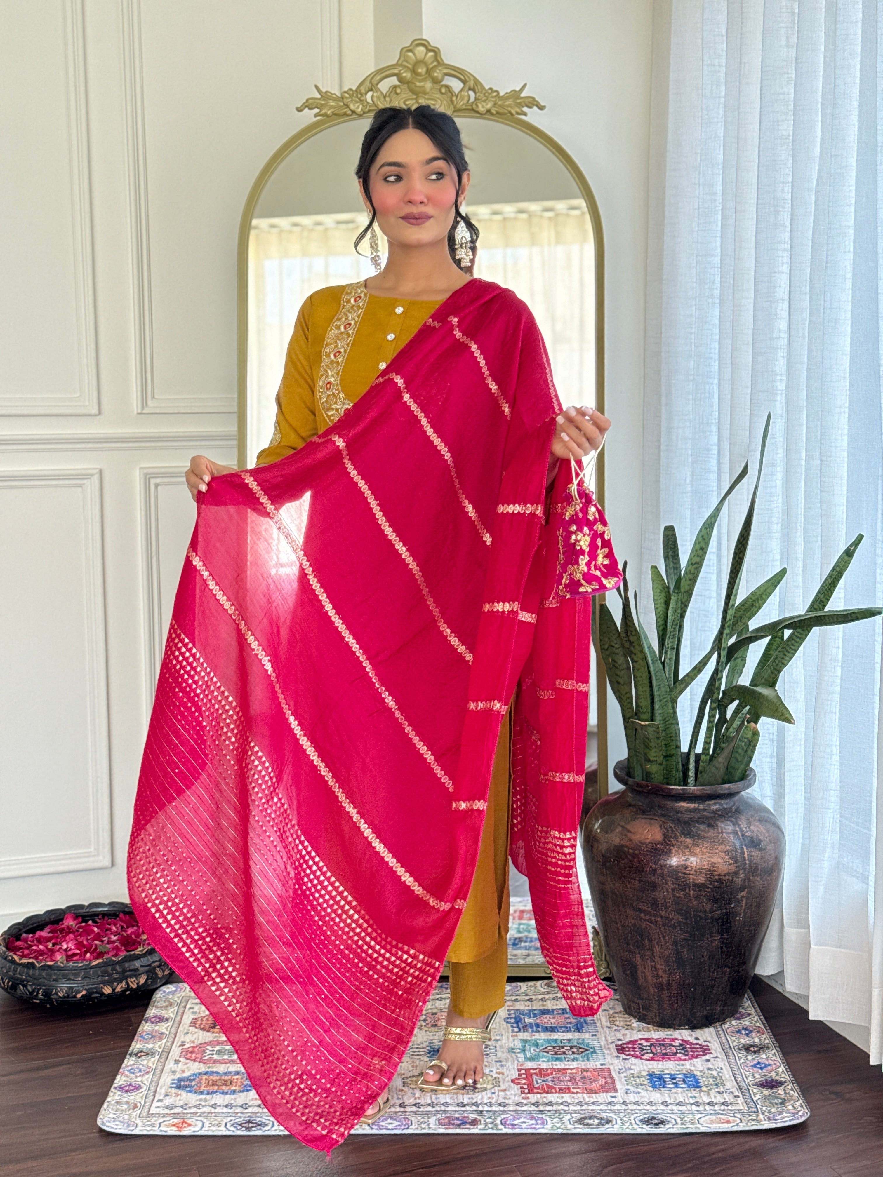 Demanding Mustard Color Vichitra Silk With Embroidery Work Beautiful Kurta Set