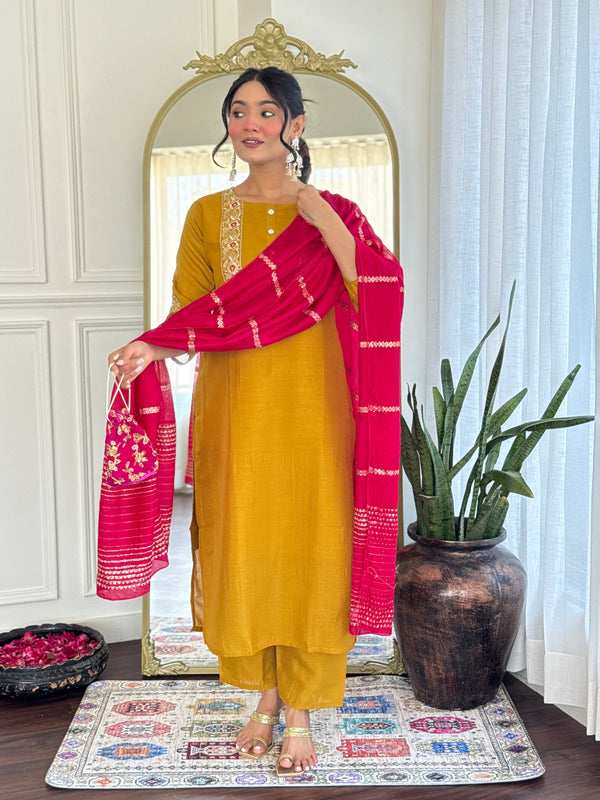 Demanding Mustard Color Vichitra Silk With Embroidery Work Beautiful Kurta Set