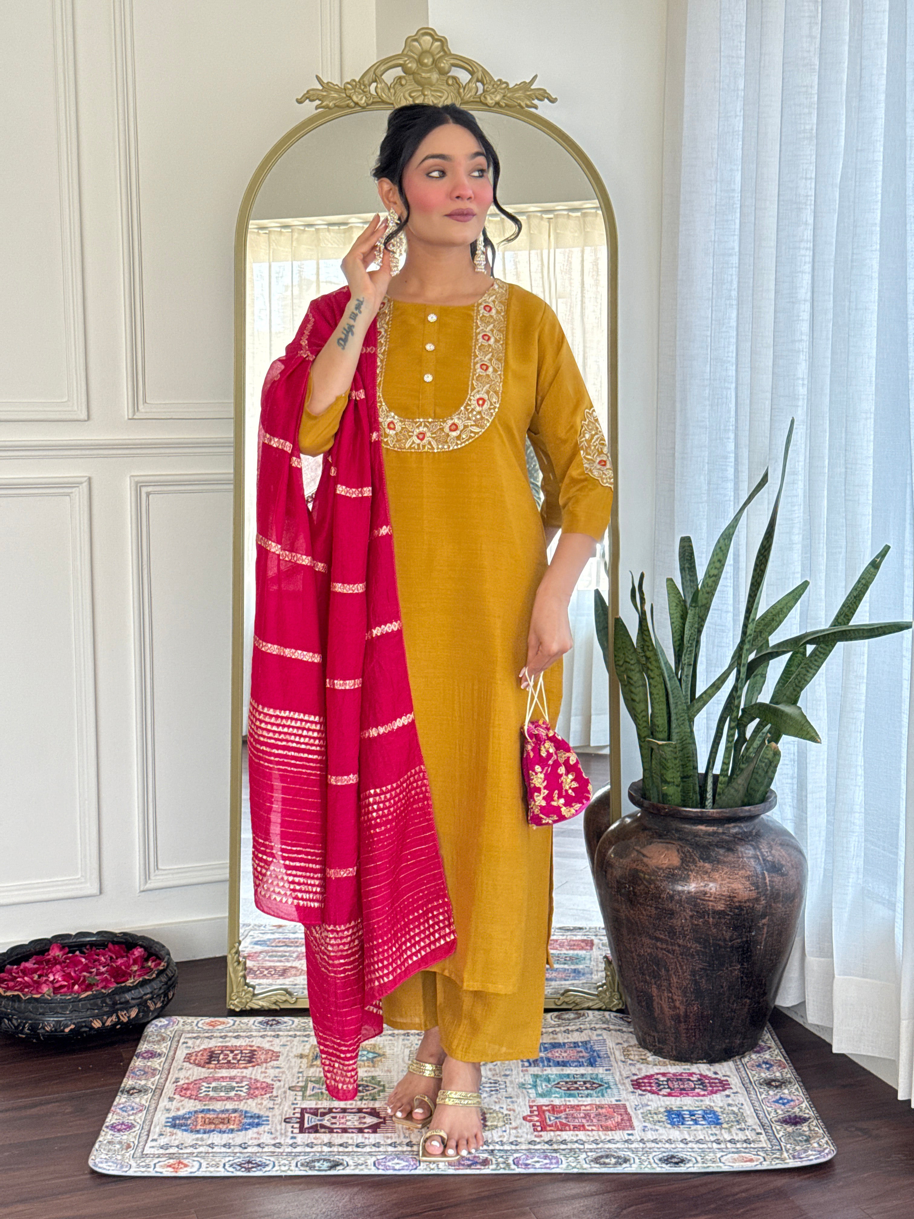 Demanding Mustard Color Vichitra Silk With Embroidery Work Beautiful Kurta Set