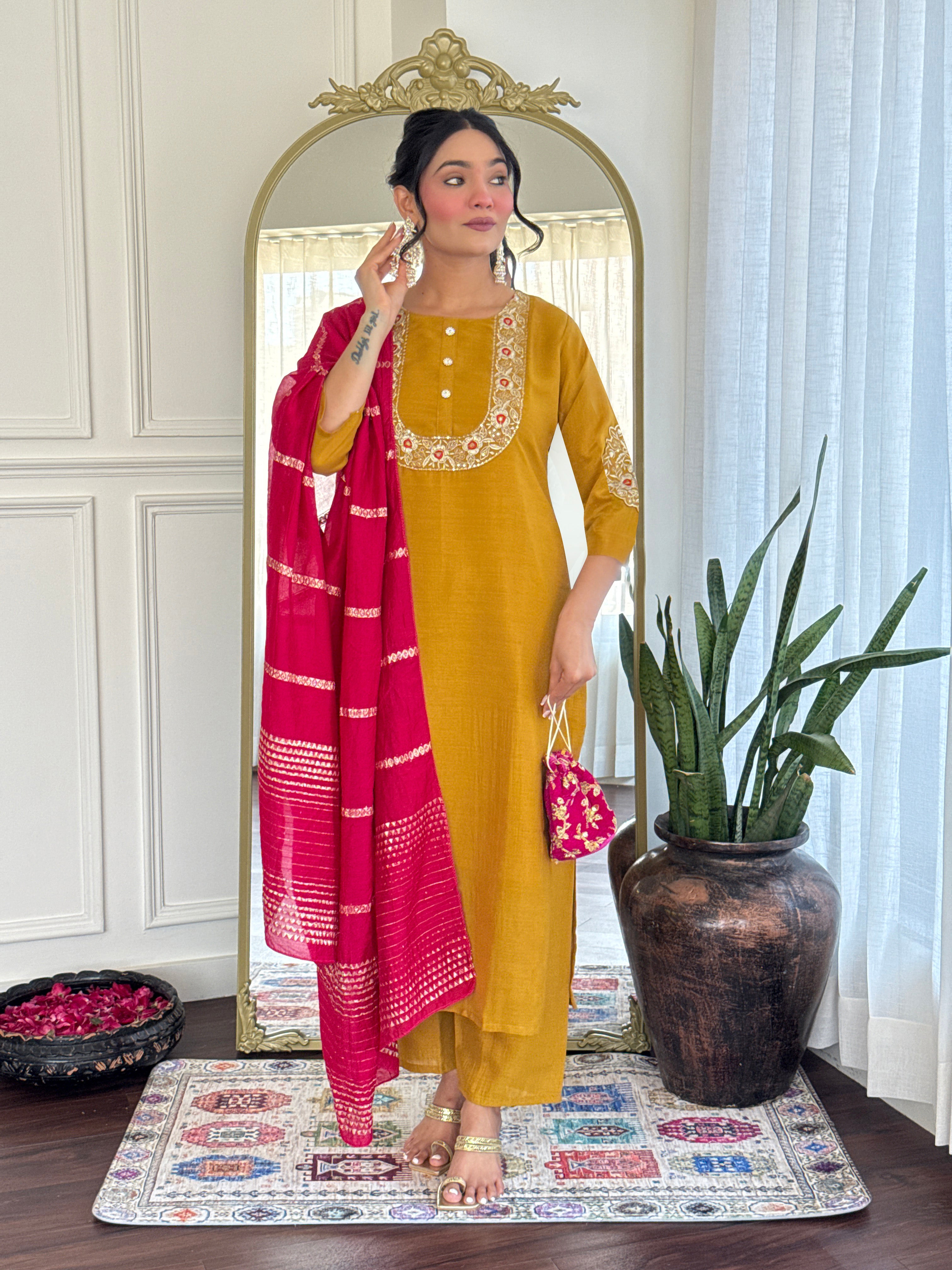 Demanding Mustard Color Vichitra Silk With Embroidery Work Beautiful Kurta Set