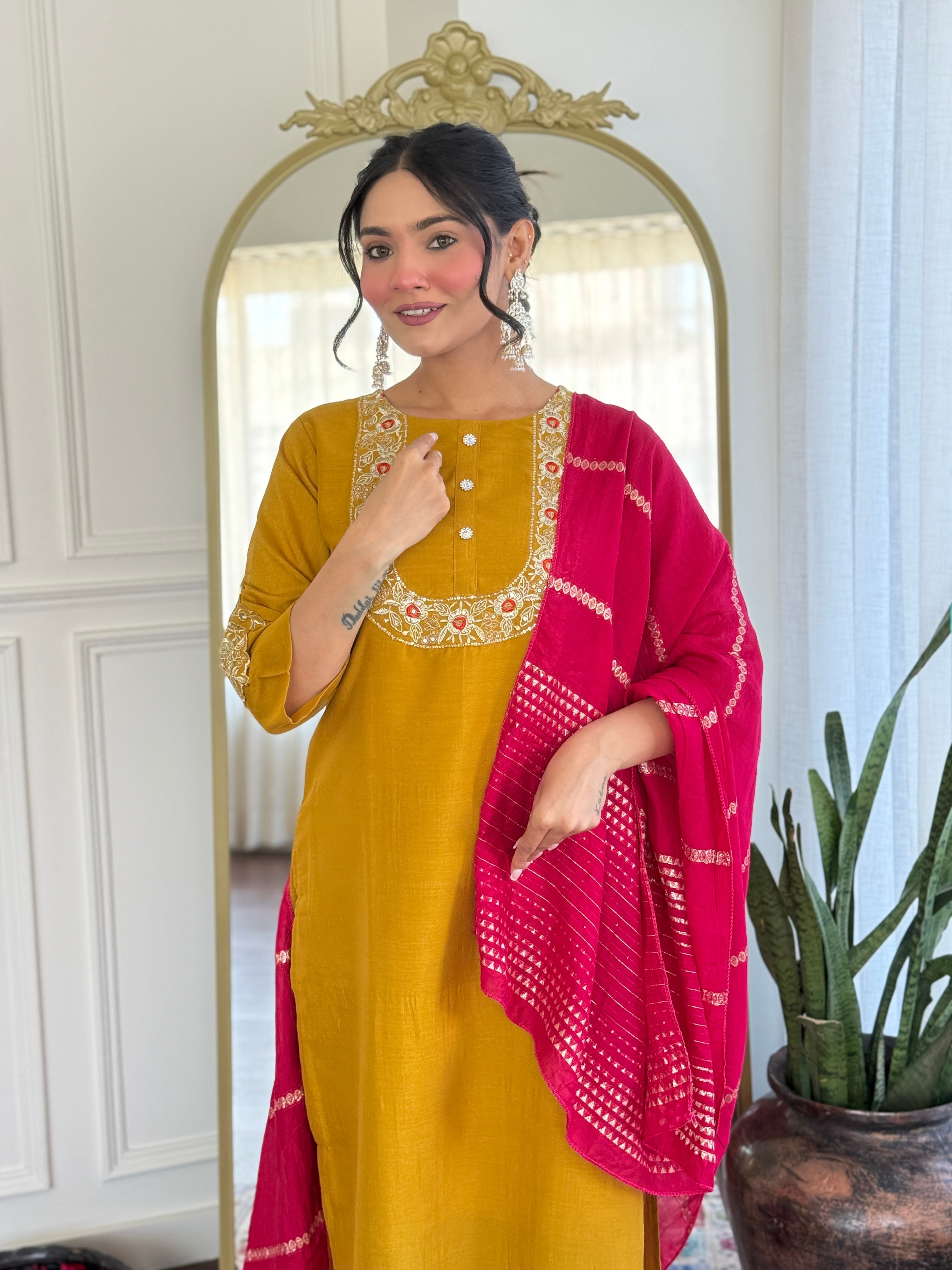 Demanding Mustard Color Vichitra Silk With Embroidery Work Beautiful Kurta Set