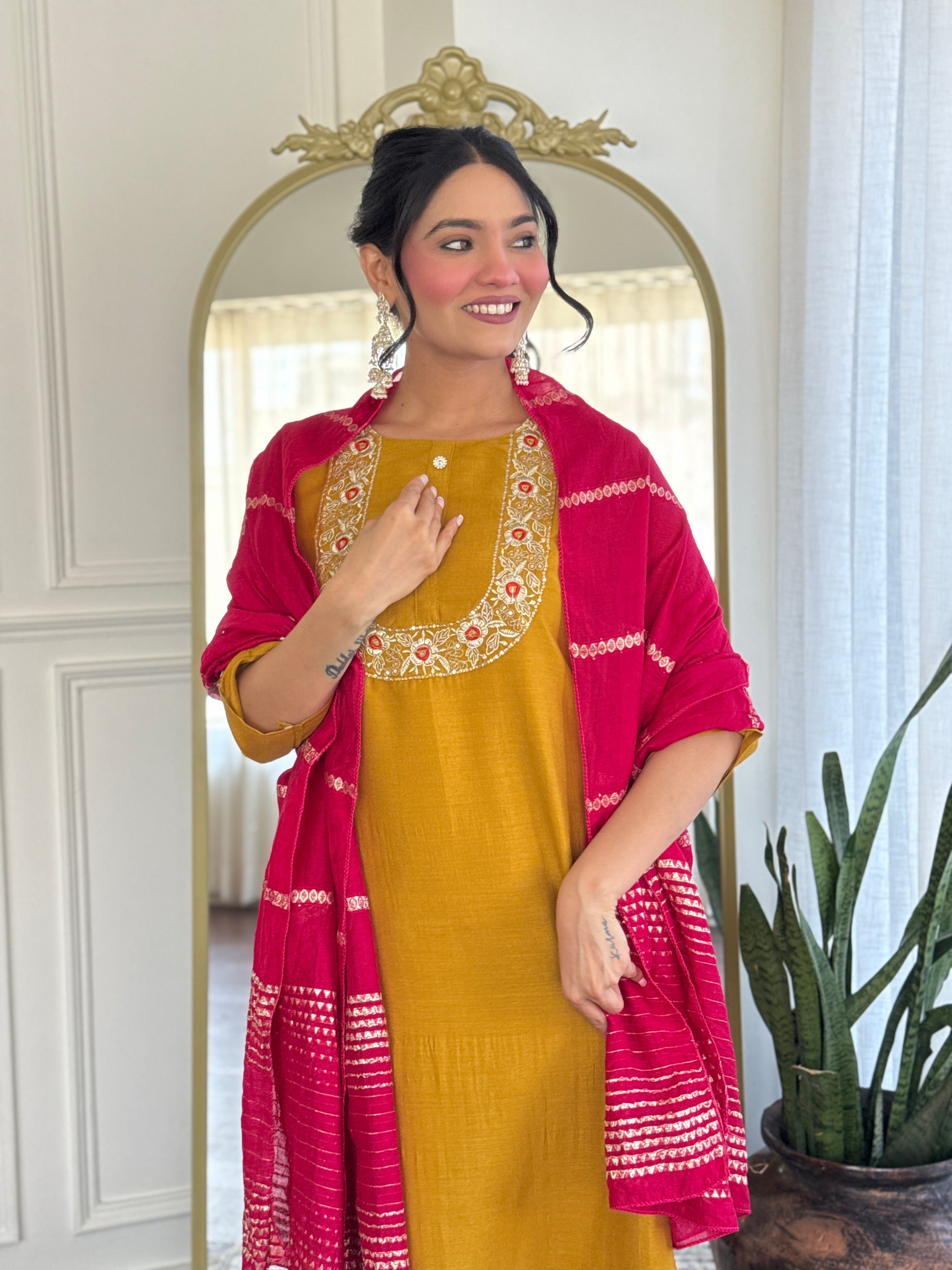 Demanding Mustard Color Vichitra Silk With Embroidery Work Beautiful Kurta Set
