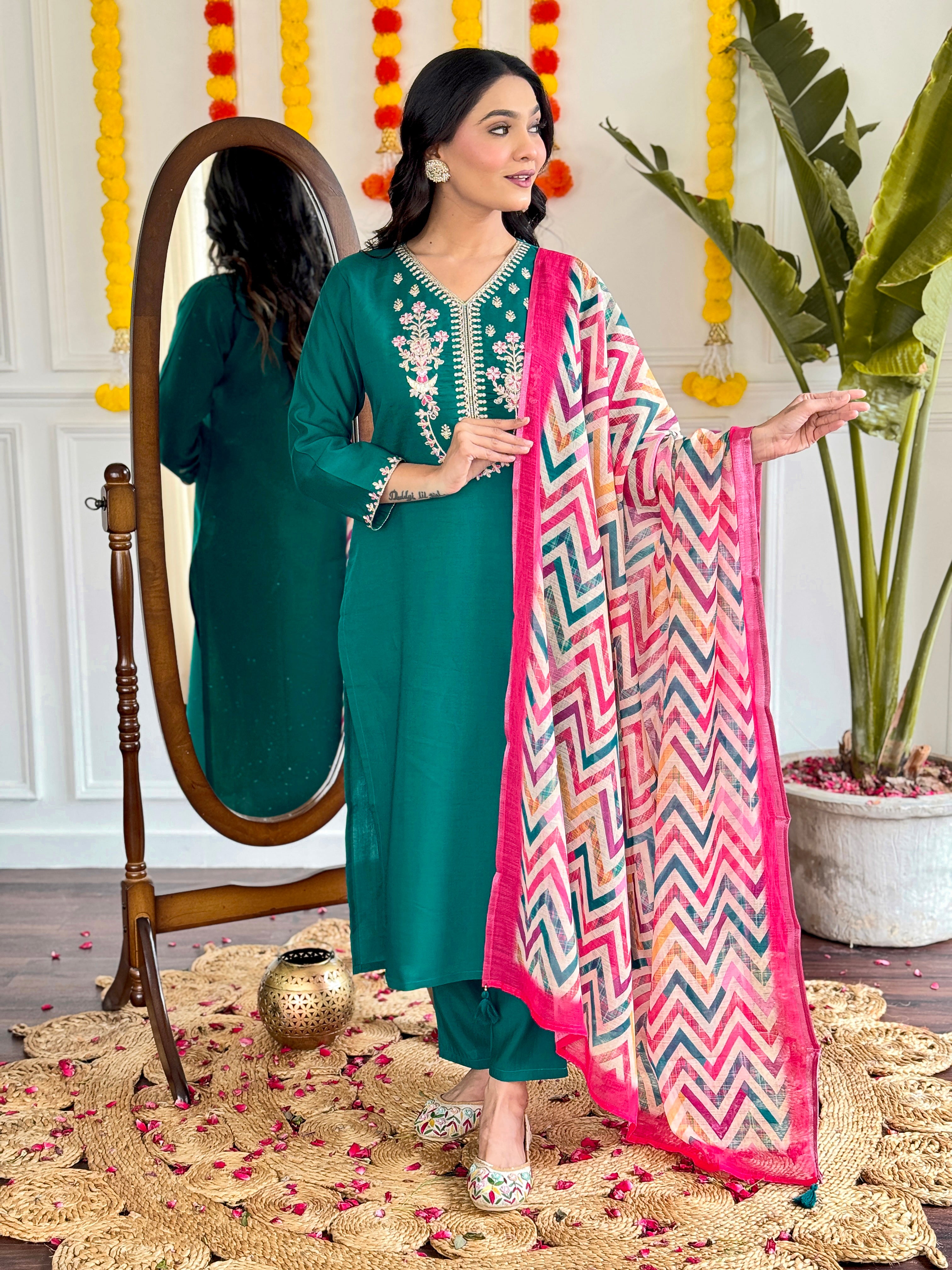 Fantastic Teal Green Viscose Chanderi With Embroidery Work Designer Kurta