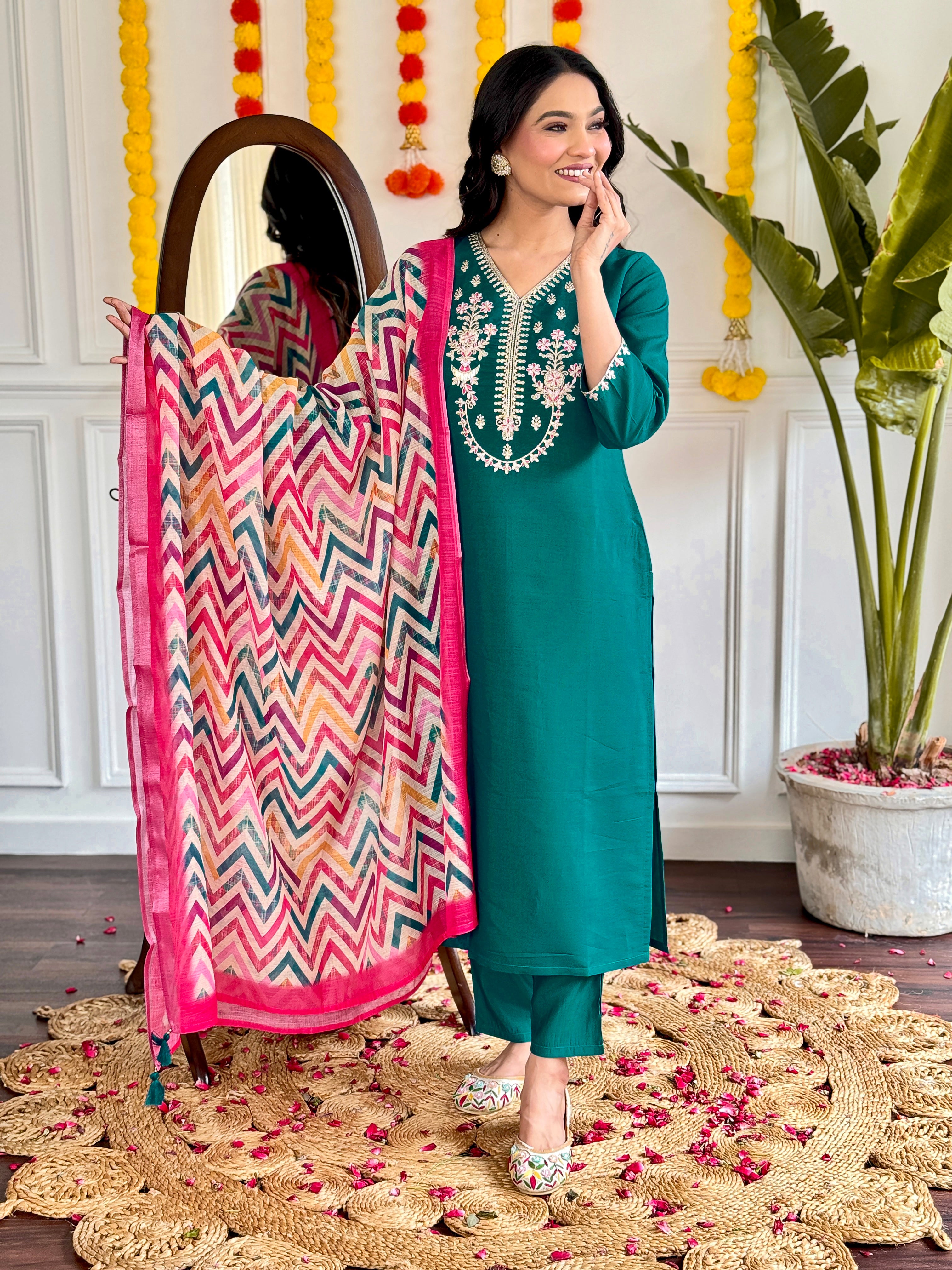 Fantastic Teal Green Viscose Chanderi With Embroidery Work Designer Kurta