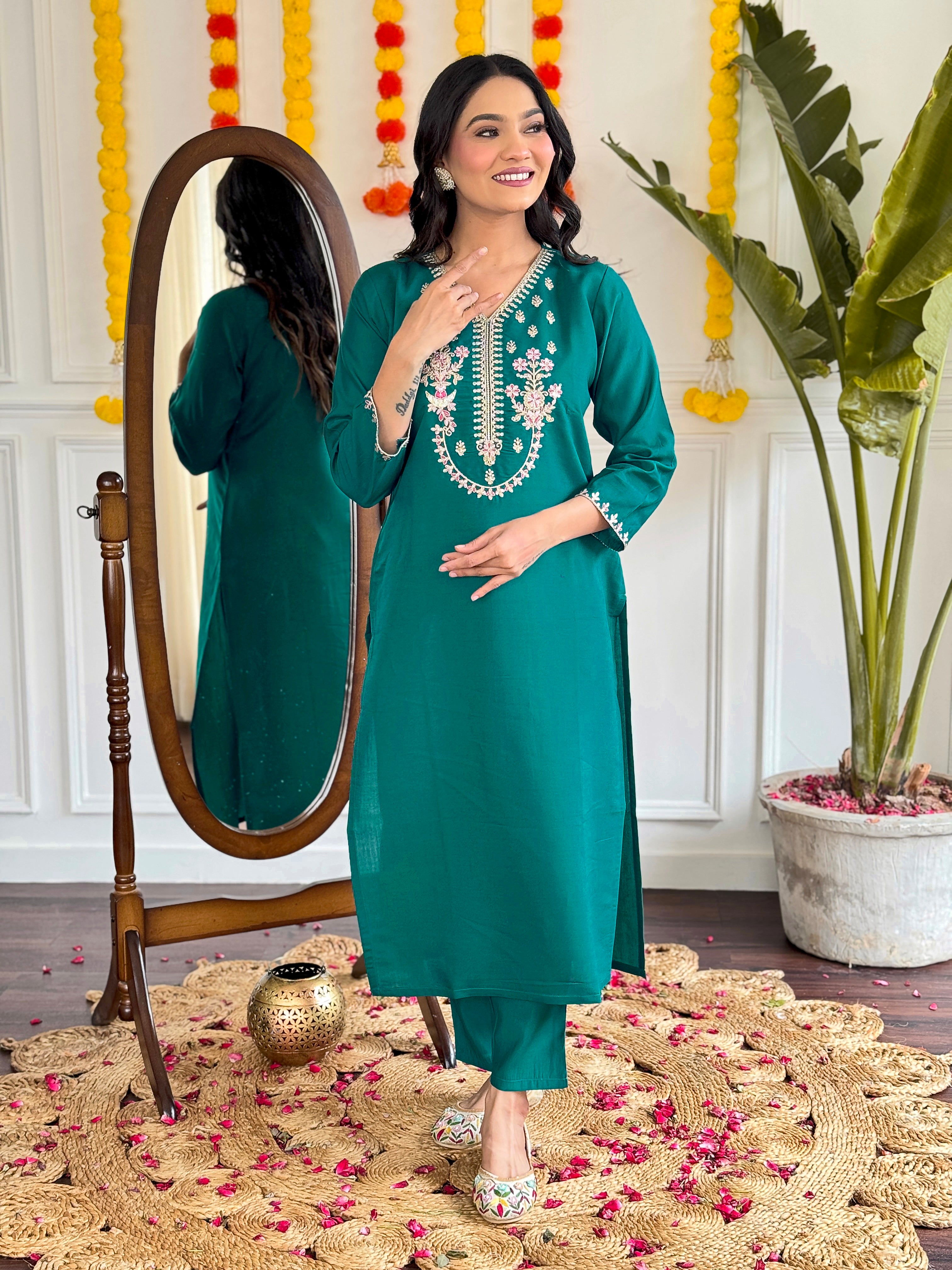 Fantastic Teal Green Viscose Chanderi With Embroidery Work Designer Kurta