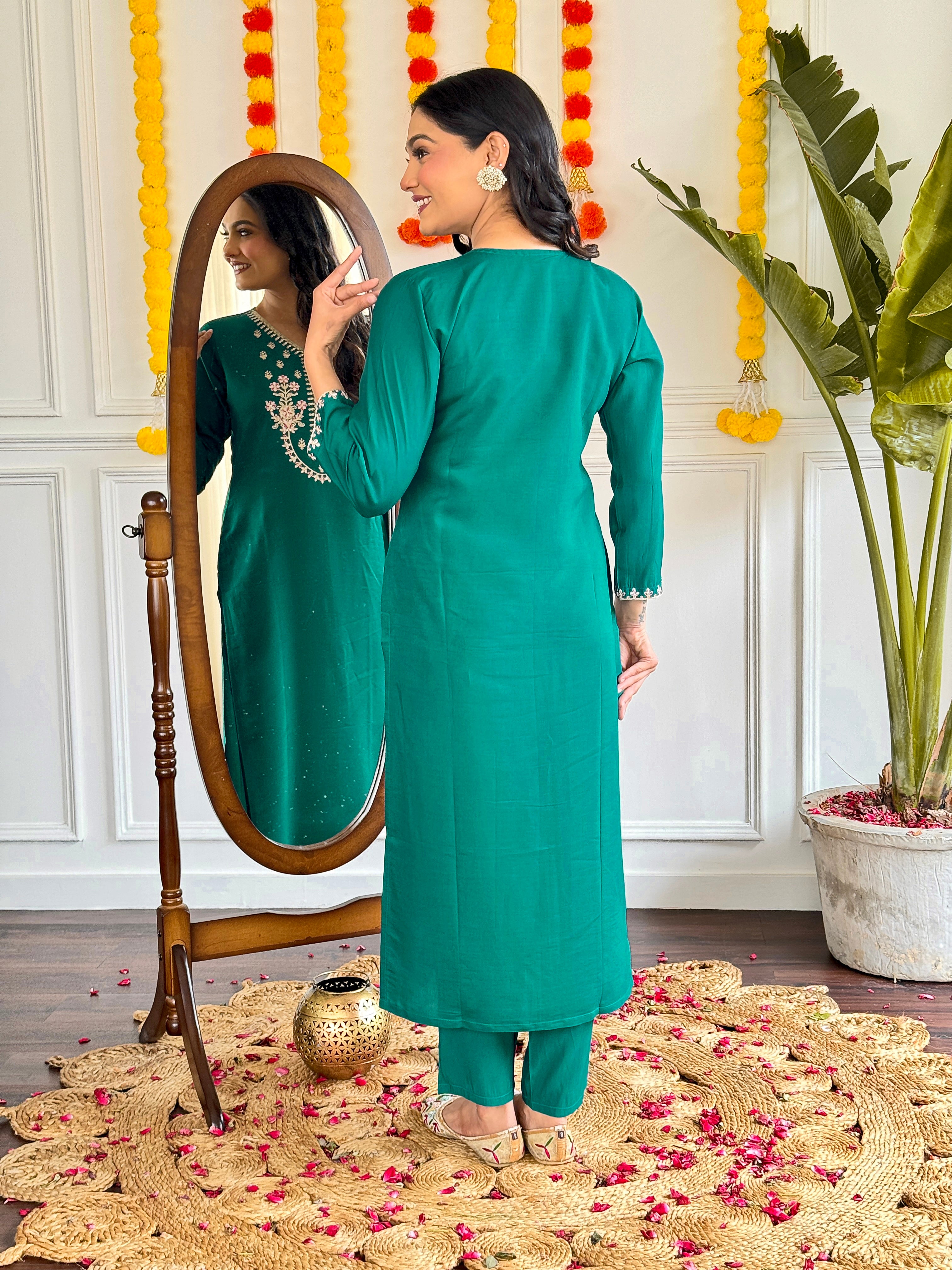 Fantastic Teal Green Viscose Chanderi With Embroidery Work Designer Kurta