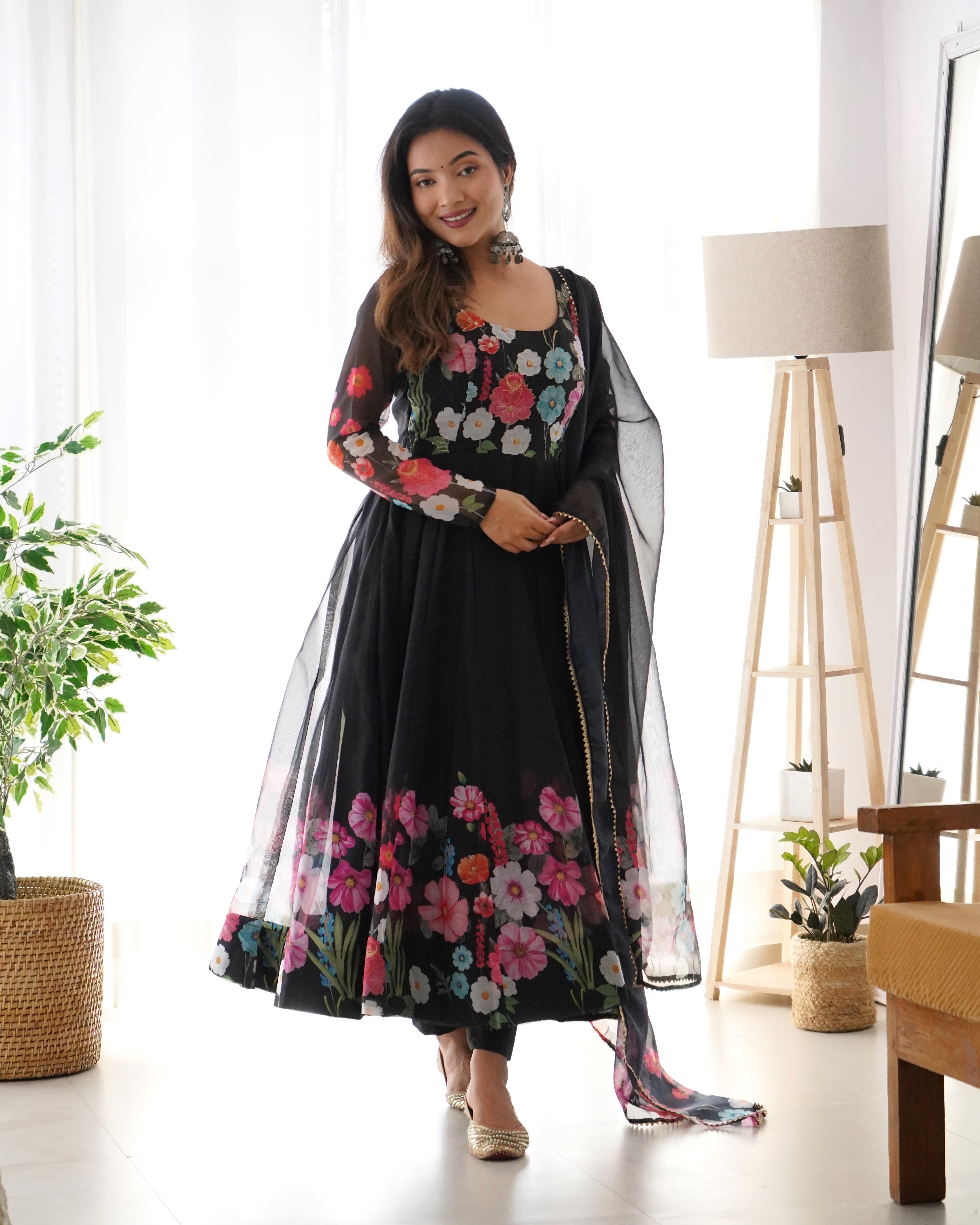 Multi Flower Print Black Color Anarkali Suit