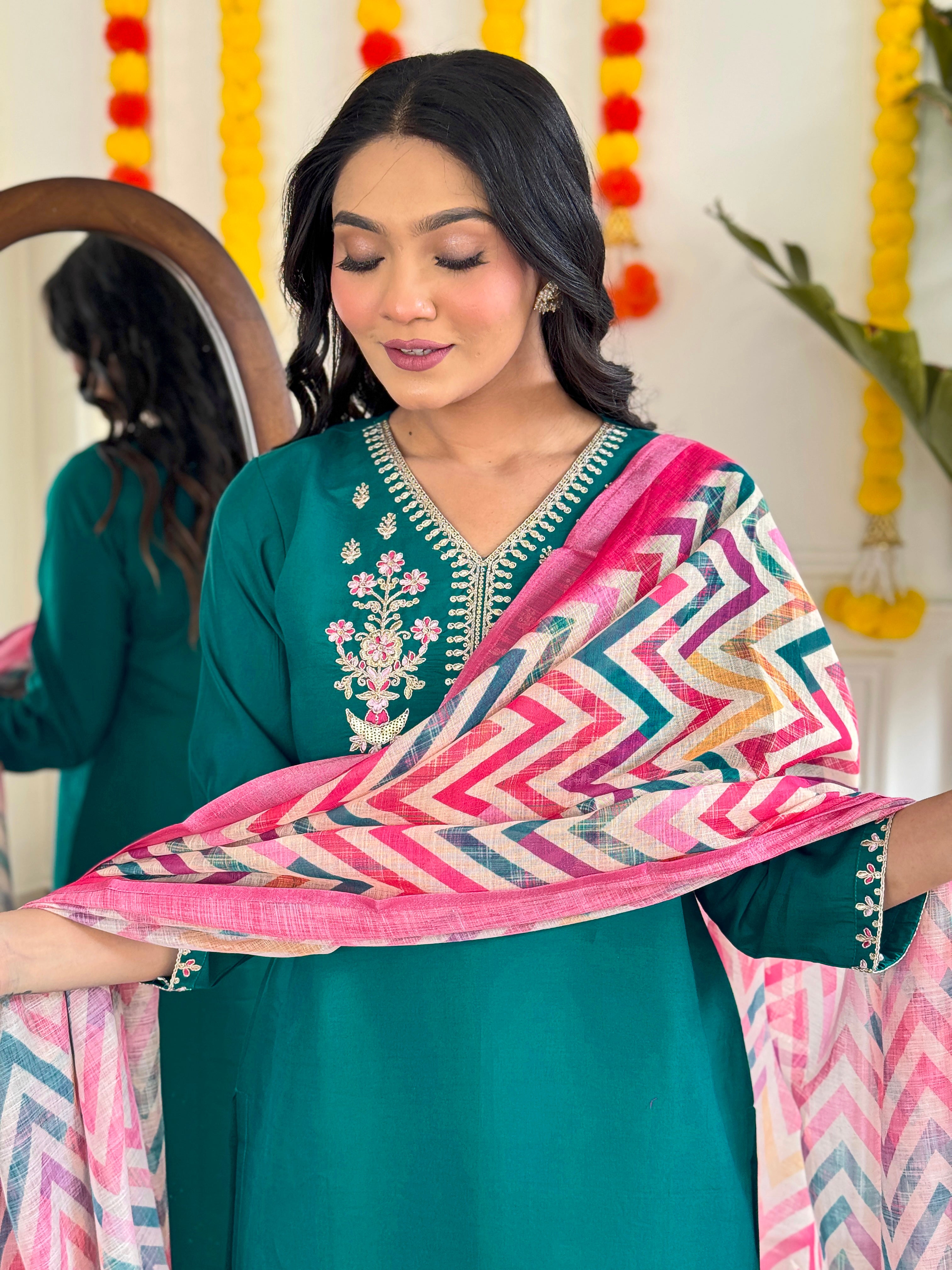 Fantastic Teal Green Viscose Chanderi With Embroidery Work Designer Kurta
