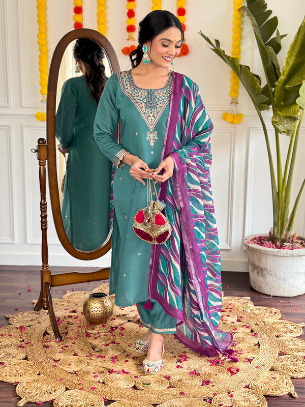 Gorgeous Green Color Viscose Chanderi With Embroidery Work Designer Kurta Set