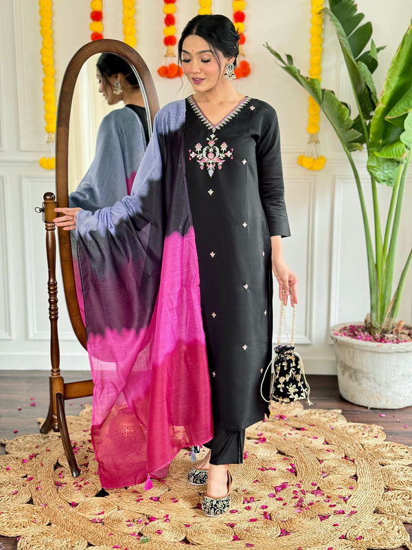 Luxuriant Black Color Viscose Chanderi With Embroidery Work Designer Kurta Set