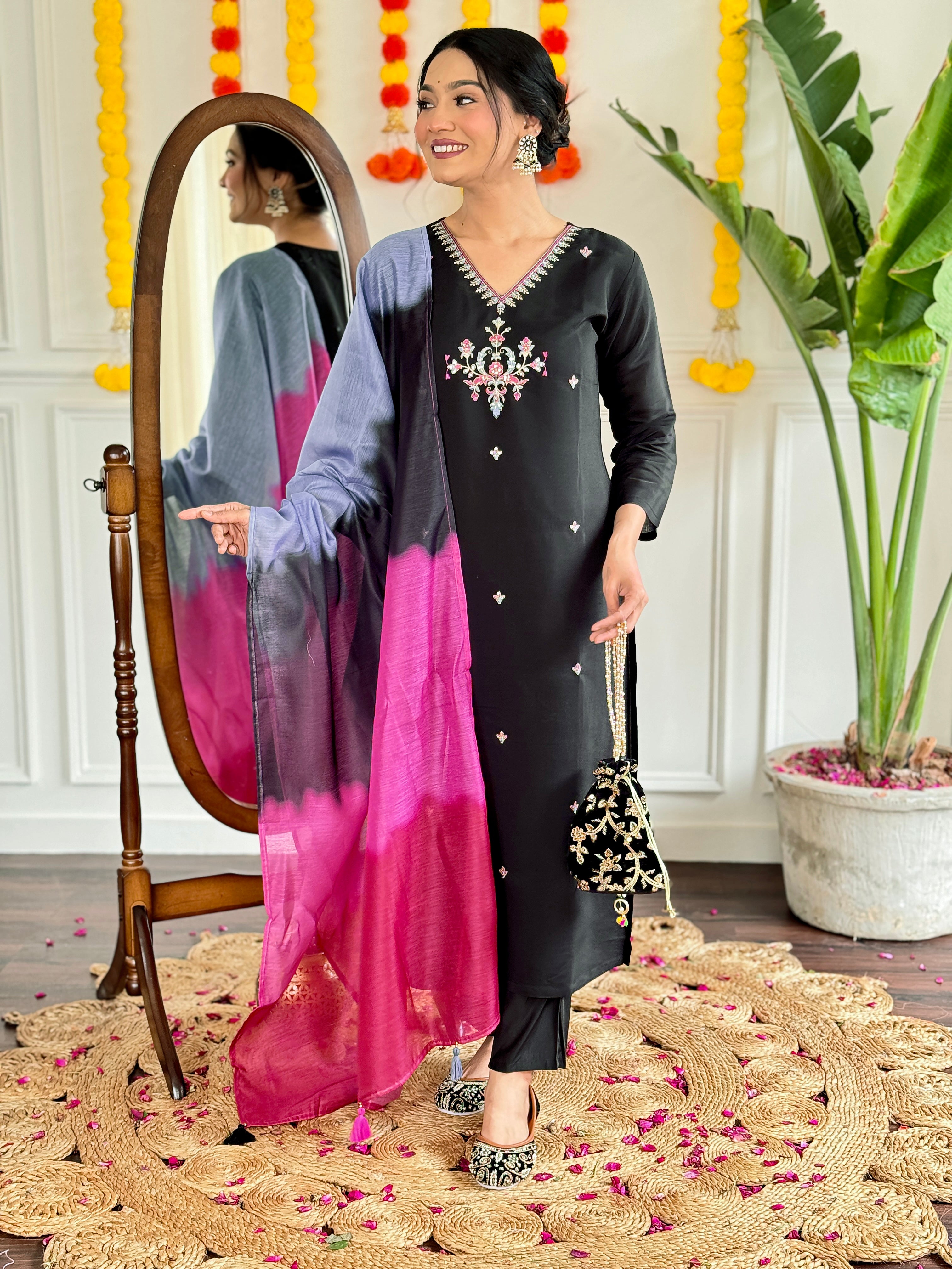 Luxuriant Black Color Viscose Chanderi With Embroidery Work Designer Kurta Set