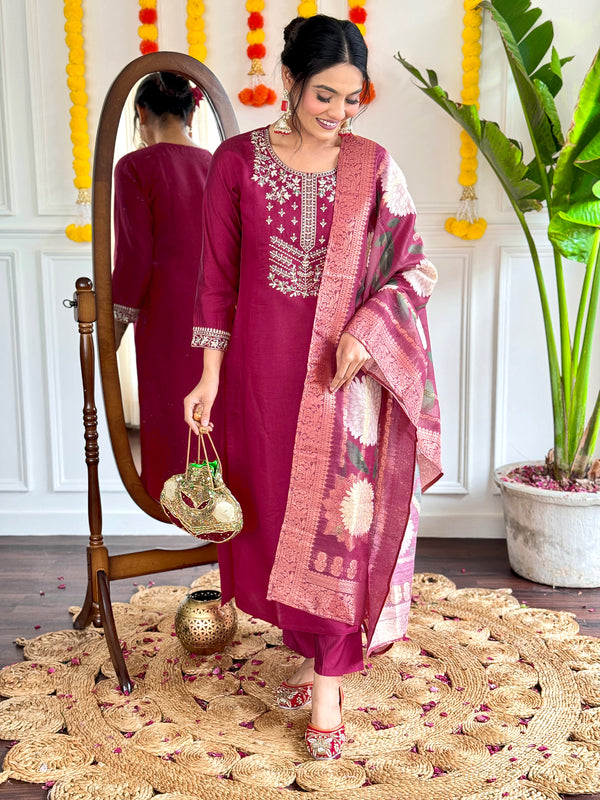 Wedding Wear Dark Pink Color Viscose Chanderi With Embroidery Work Kurta Set