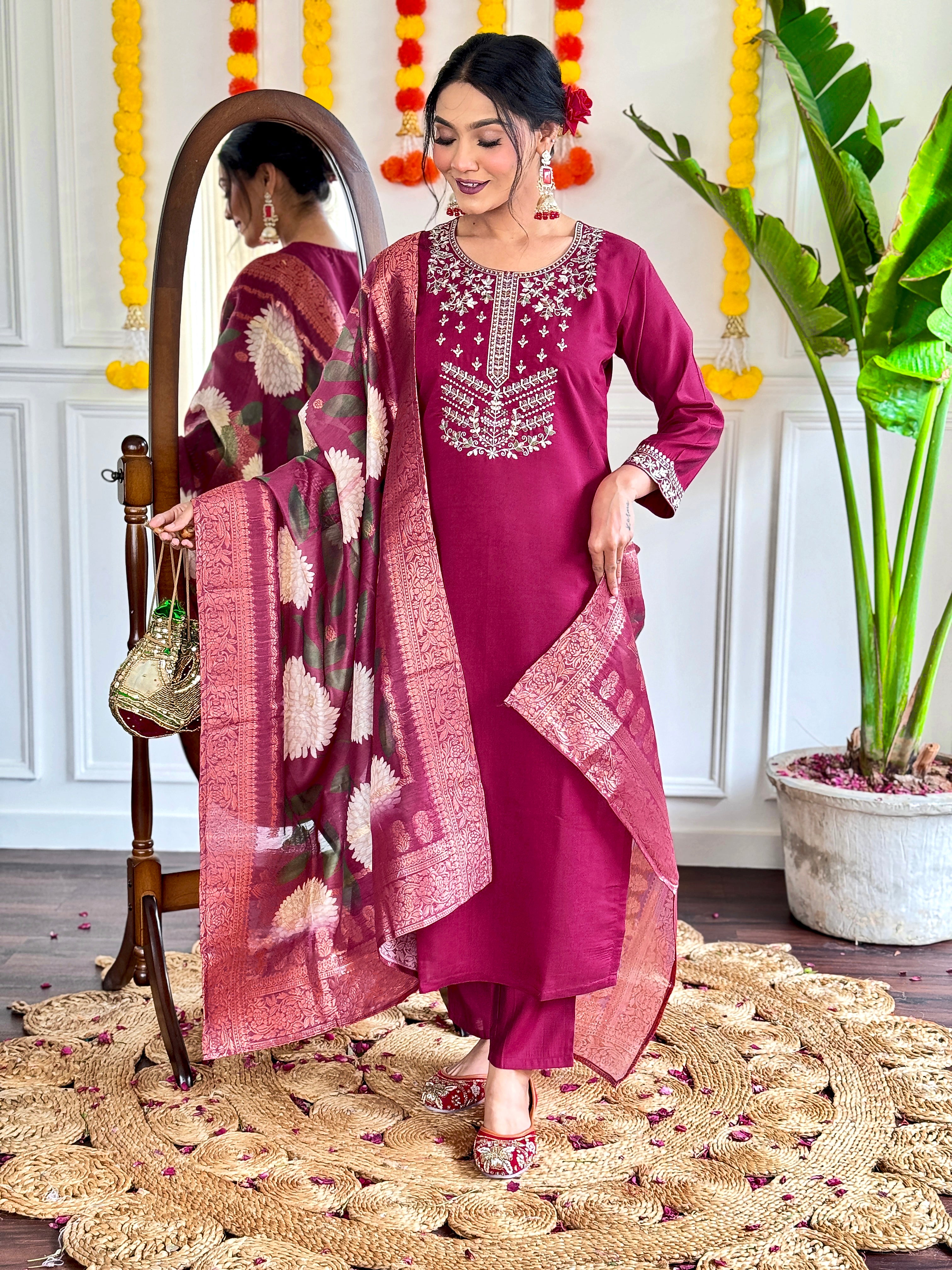 Wedding Wear Dark Pink Color Viscose Chanderi With Embroidery Work Kurta Set