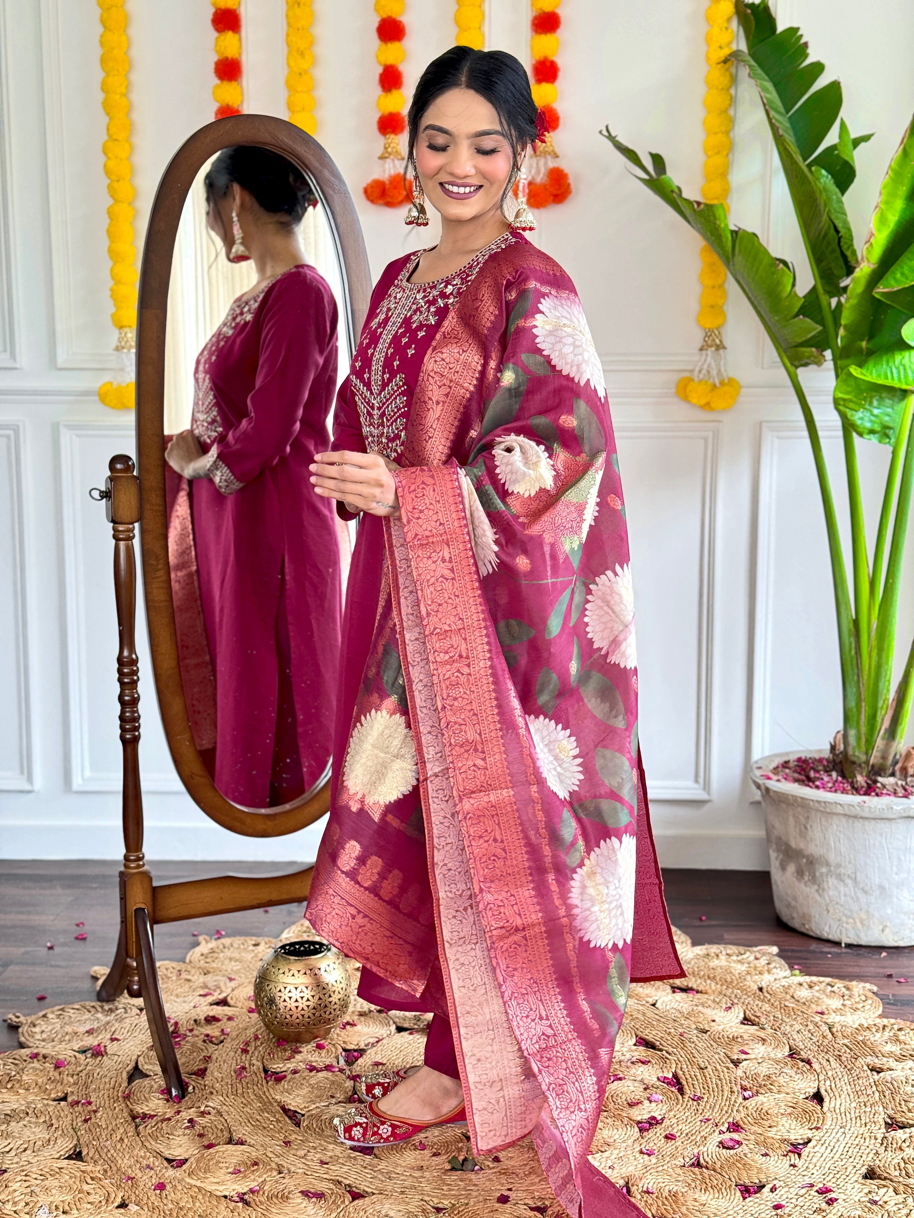 Wedding Wear Dark Pink Color Viscose Chanderi With Embroidery Work Kurta Set
