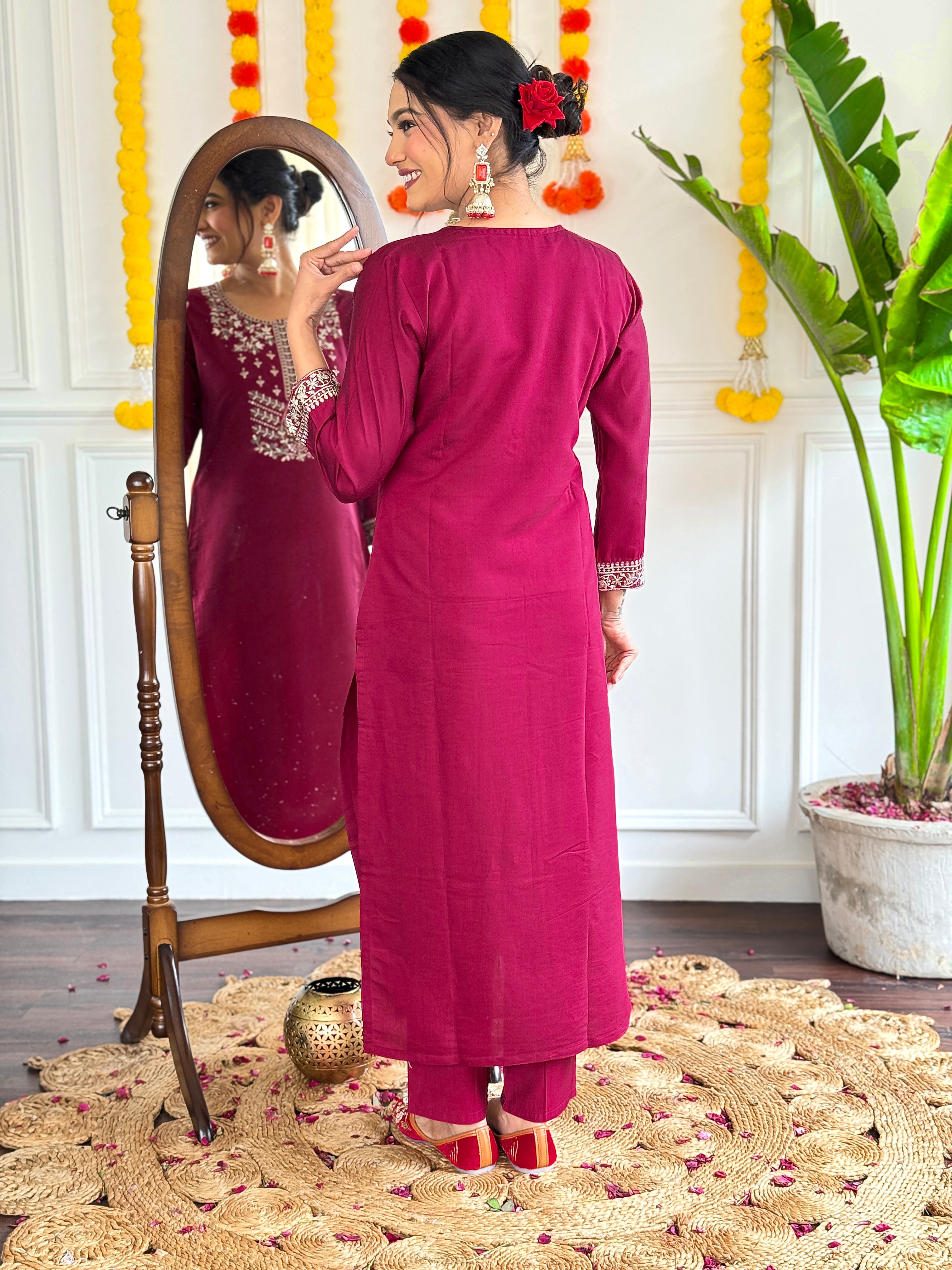 Wedding Wear Dark Pink Color Viscose Chanderi With Embroidery Work Kurta Set