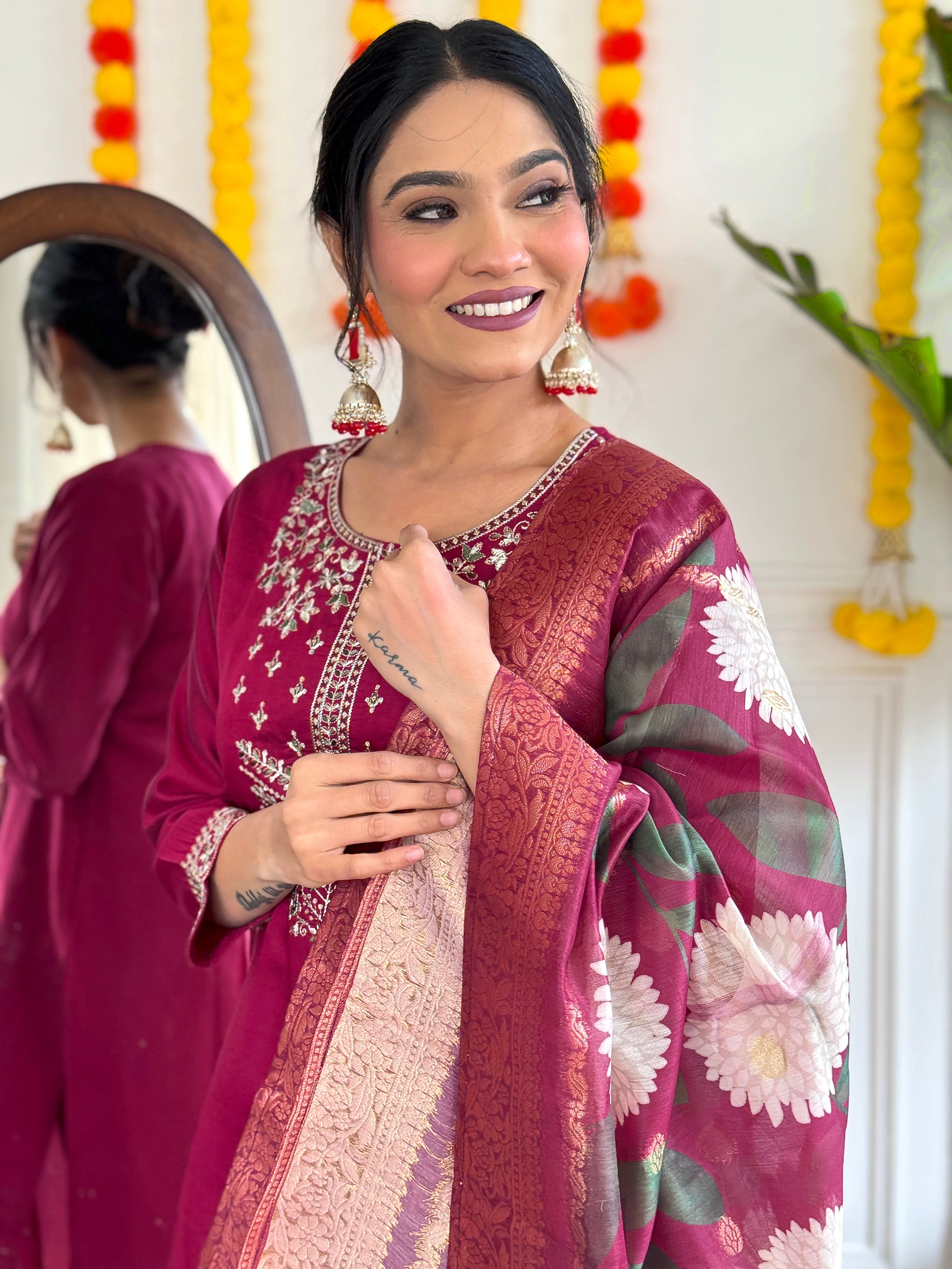 Wedding Wear Dark Pink Color Viscose Chanderi With Embroidery Work Kurta Set