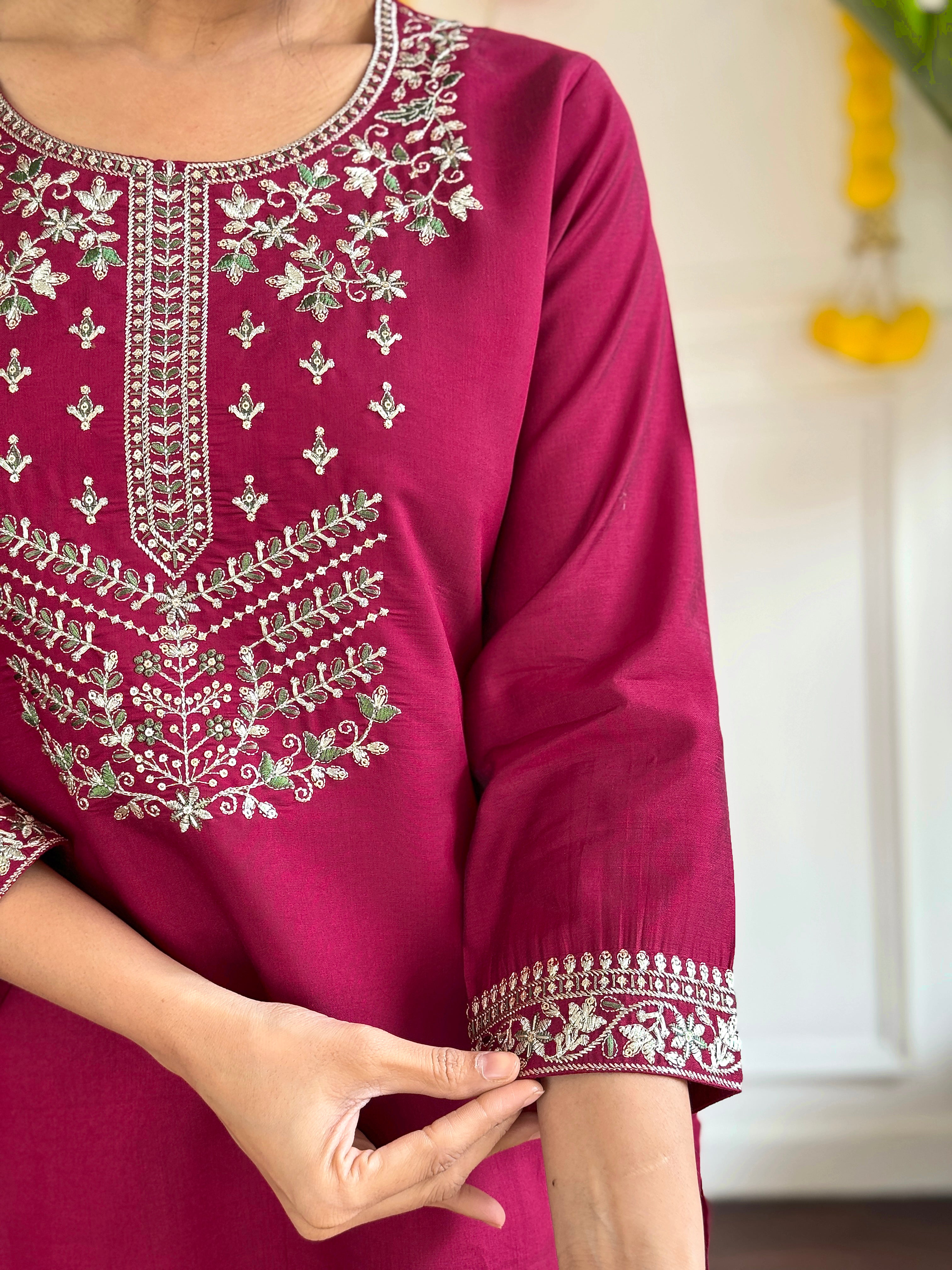 Wedding Wear Dark Pink Color Viscose Chanderi With Embroidery Work Kurta Set