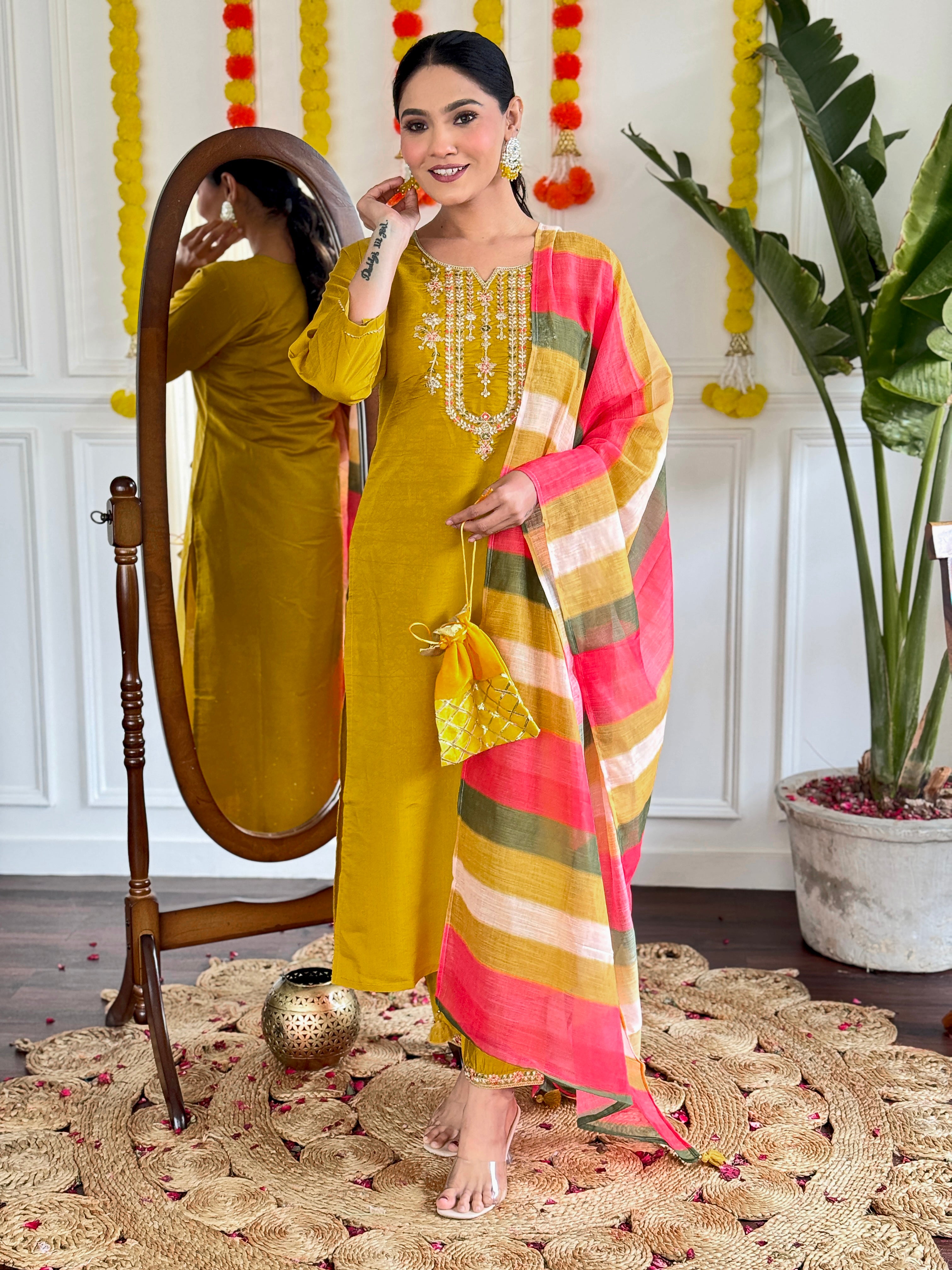 Outstanding Mustard Color Viscose Chanderi With Embroidery Beautiful Kurta Set