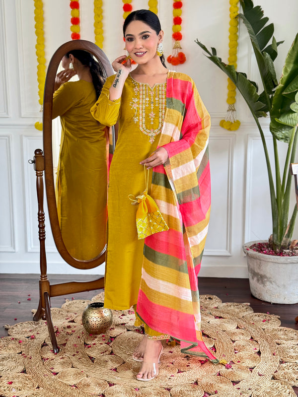 Outstanding Mustard Color Viscose Chanderi With Embroidery Beautiful Kurta Set