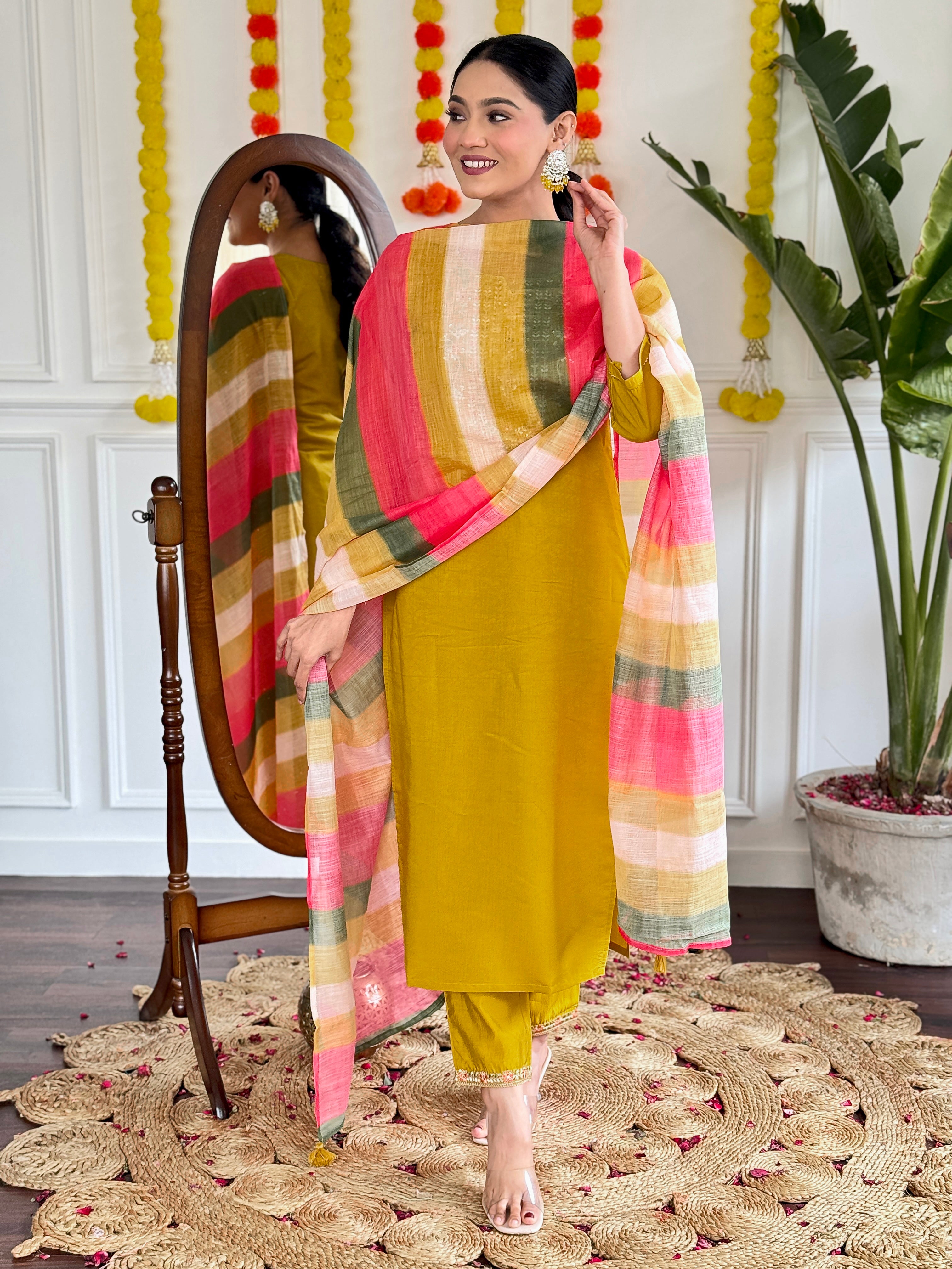 Outstanding Mustard Color Viscose Chanderi With Embroidery Beautiful Kurta Set
