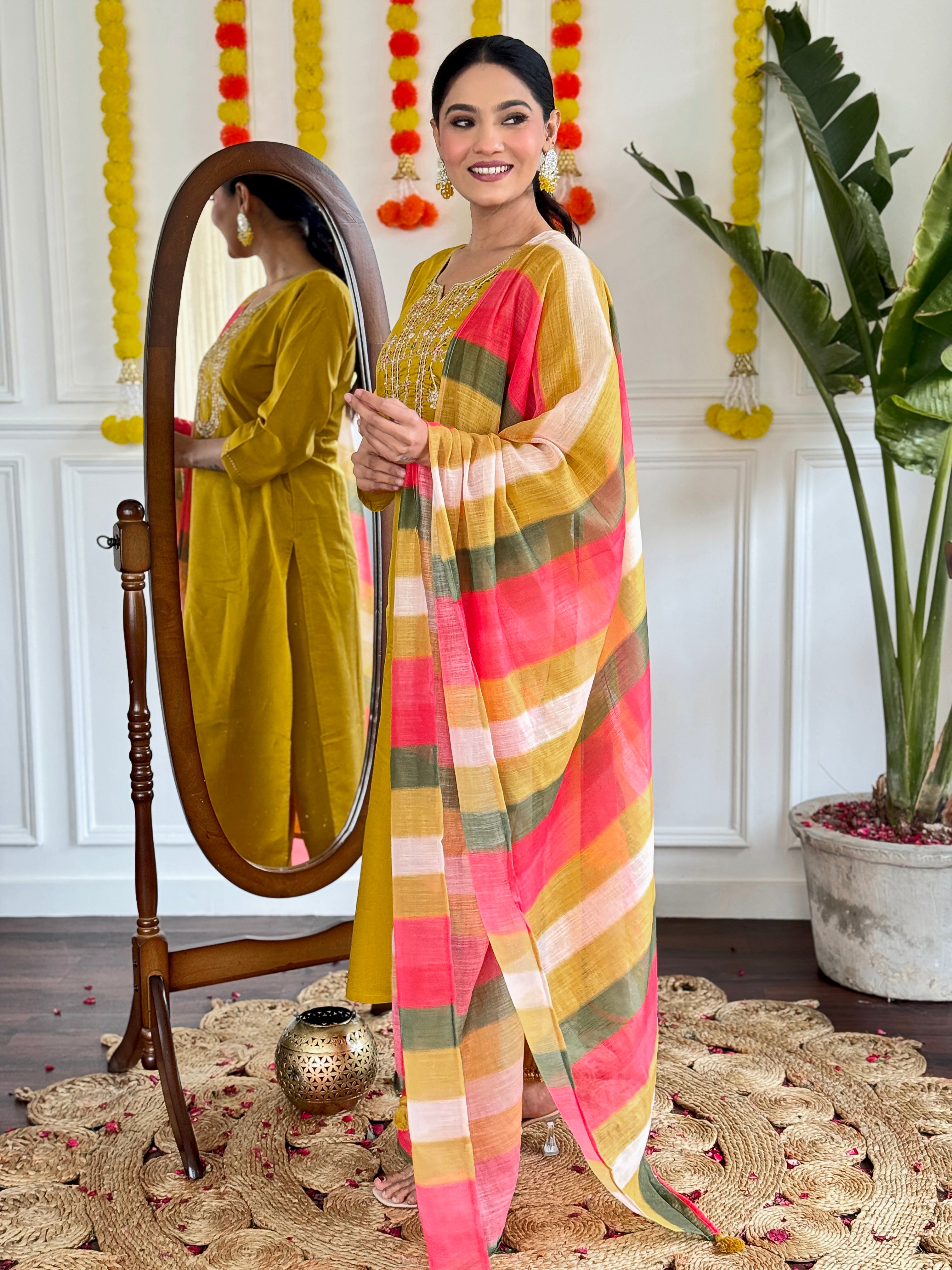 Outstanding Mustard Color Viscose Chanderi With Embroidery Beautiful Kurta Set