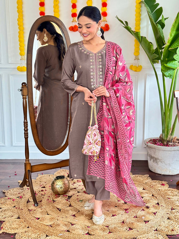 Embellished Coffee Color Viscose Chanderi With Embroidery Work Beautiful Kurta Set