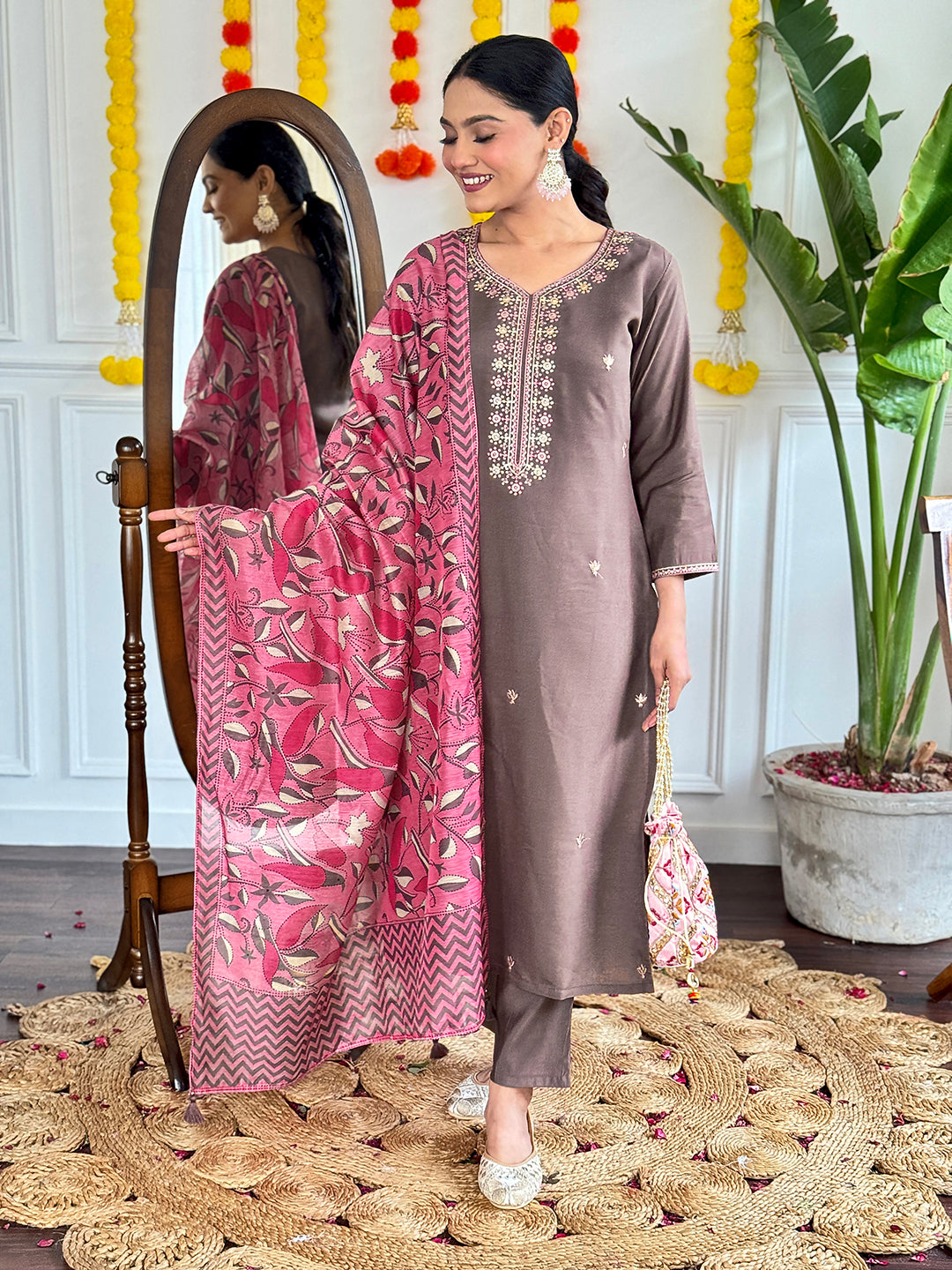 Embellished Coffee Color Viscose Chanderi With Embroidery Work Beautiful Kurta Set