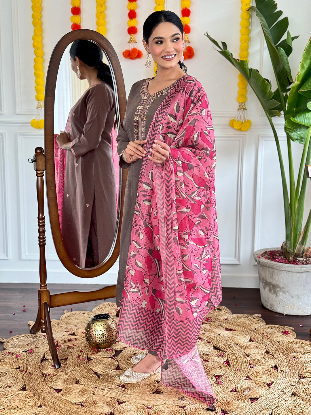 Embellished Coffee Color Viscose Chanderi With Embroidery Work Beautiful Kurta Set
