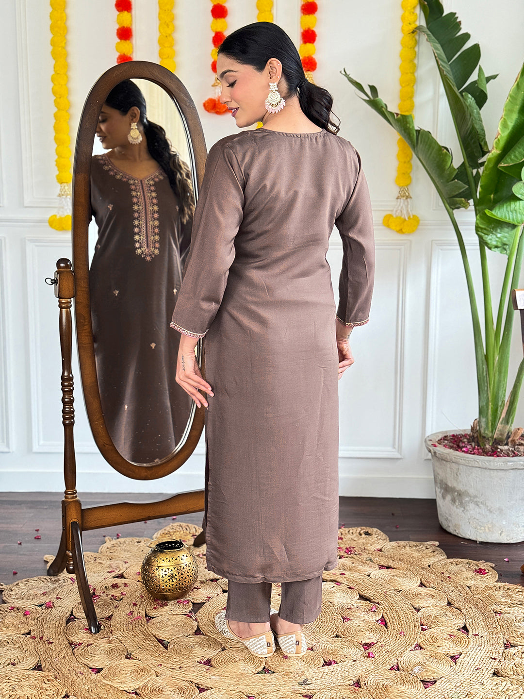 Embellished Coffee Color Viscose Chanderi With Embroidery Work Beautiful Kurta Set