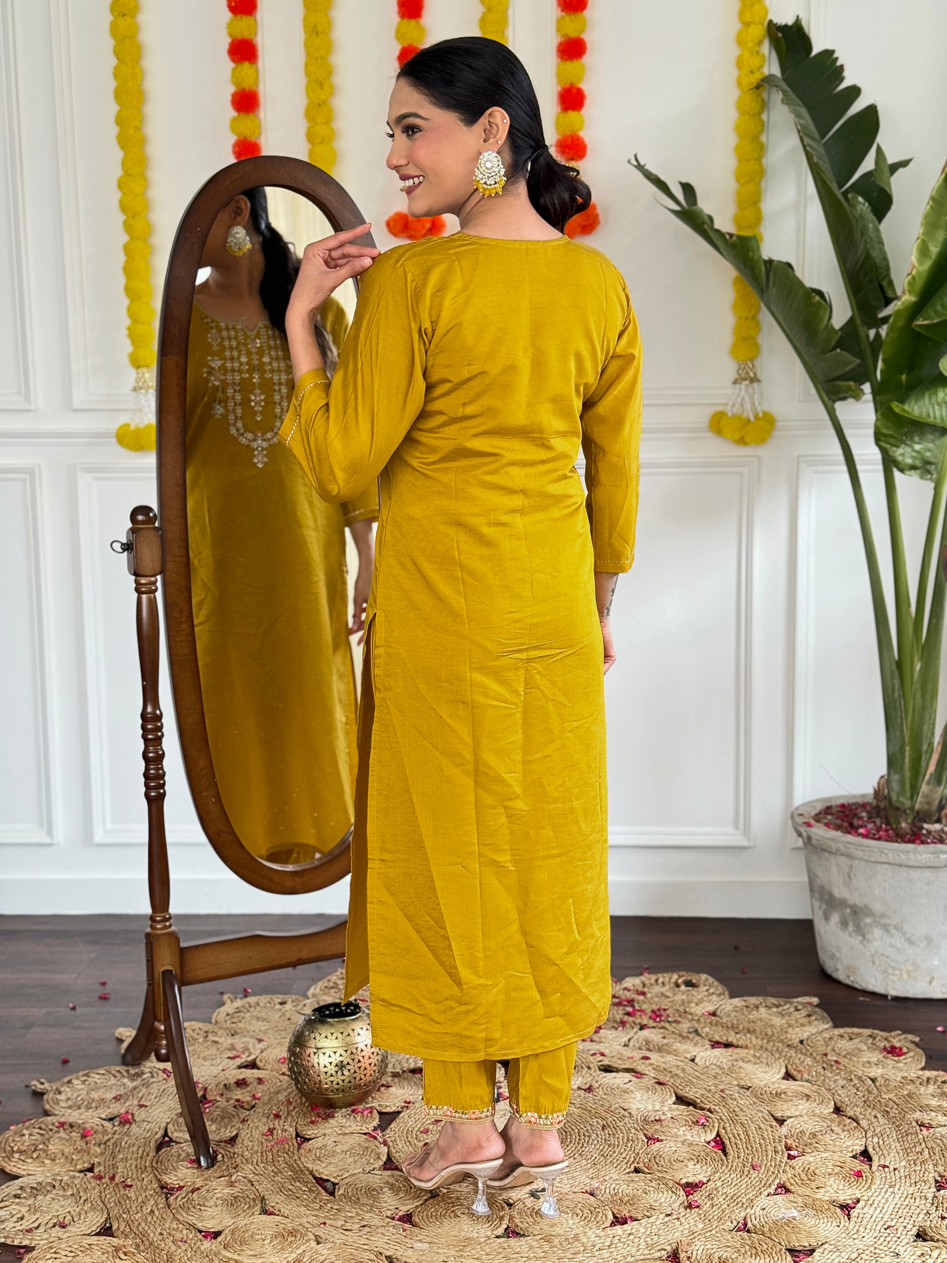 Outstanding Mustard Color Viscose Chanderi With Embroidery Beautiful Kurta Set